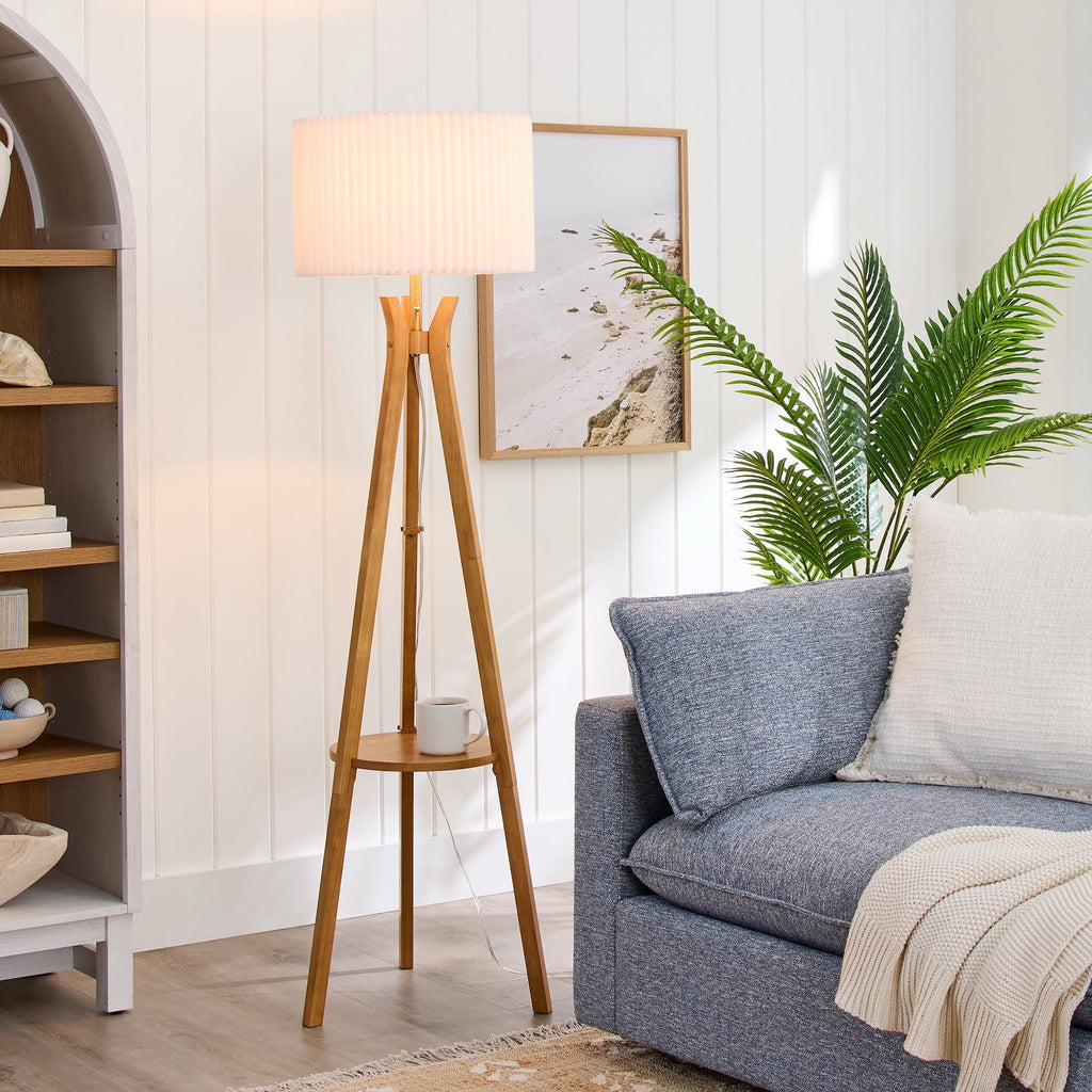  63" Natural Wood Tripod Floor Lamp with Pleated Shade