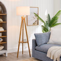  63" Natural Wood Tripod Floor Lamp with Pleated Shade