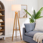  63" Natural Wood Tripod Floor Lamp with Pleated Shade