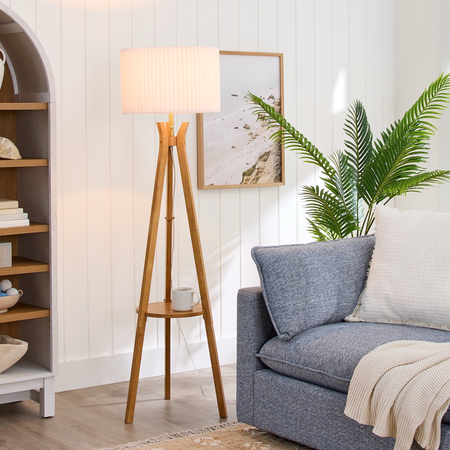  63" Natural Wood Tripod Floor Lamp with Pleated Shade