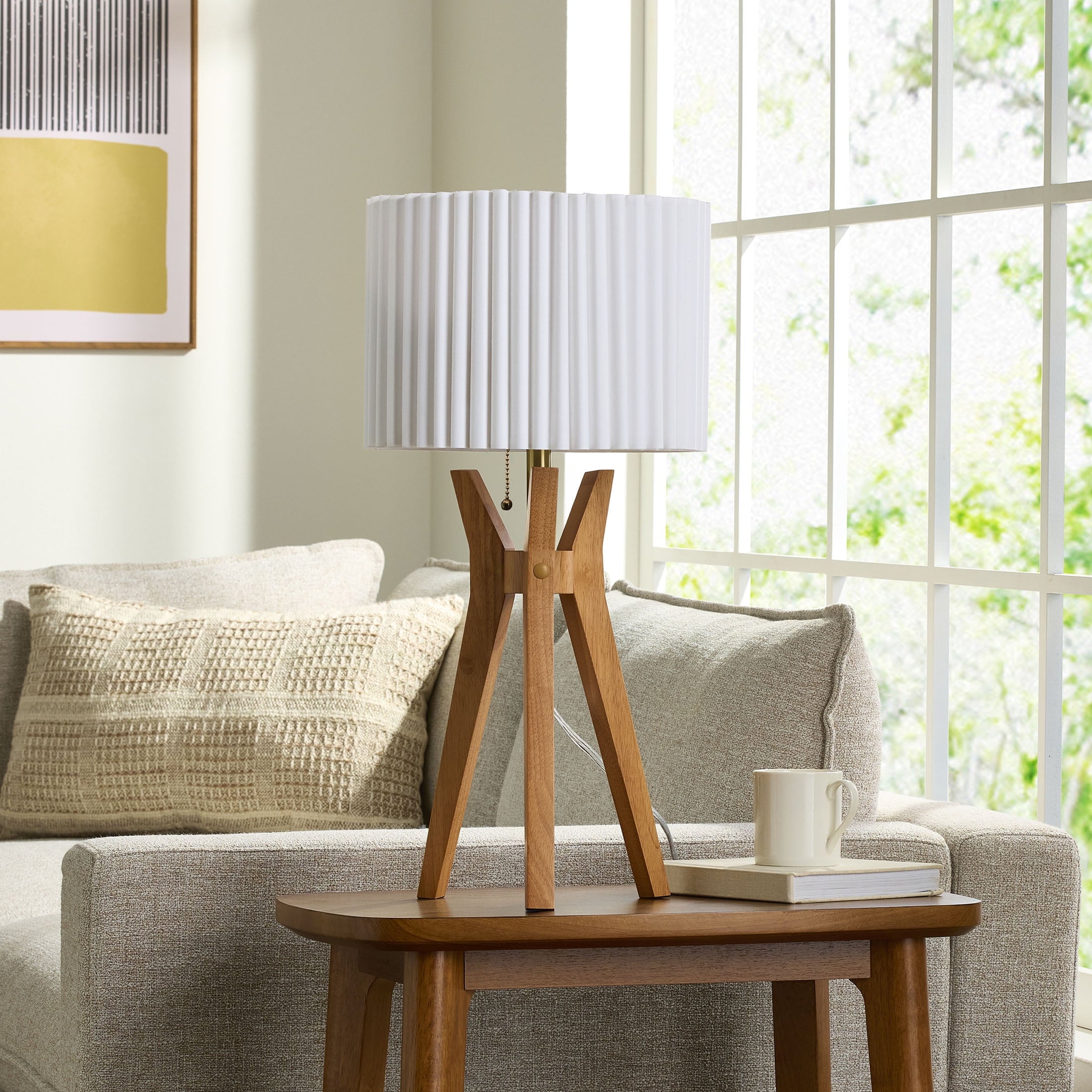  24" Tripod Table Lamp with Natural Wood Base and Pleated Shade