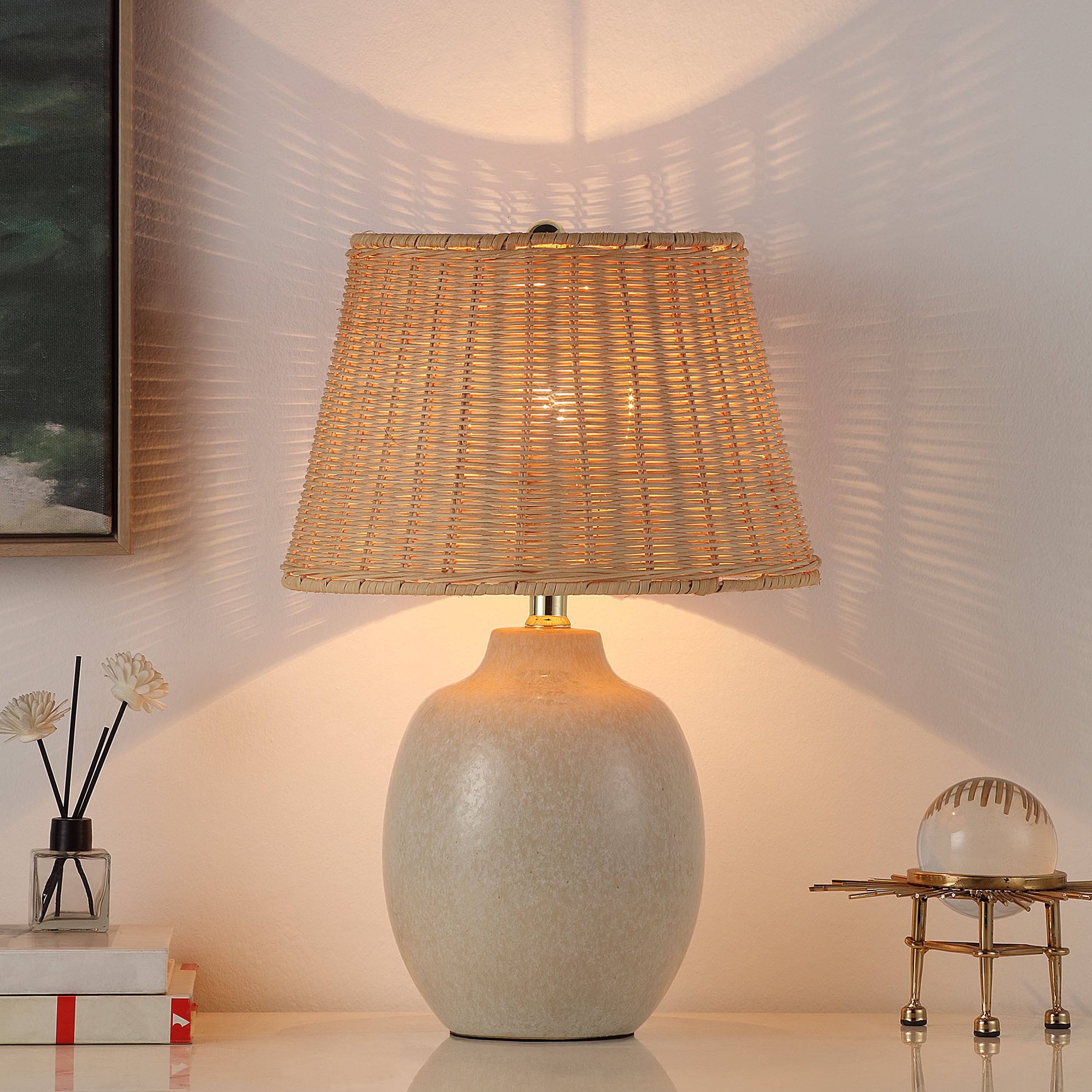  Cream Ceramic Table Lamp with Rattan Shade, 18 Inches