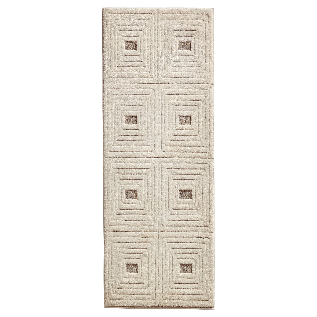 Tan/White Linear Square Geo High-Low Indoor Rug Runner, 2.5' x 7'