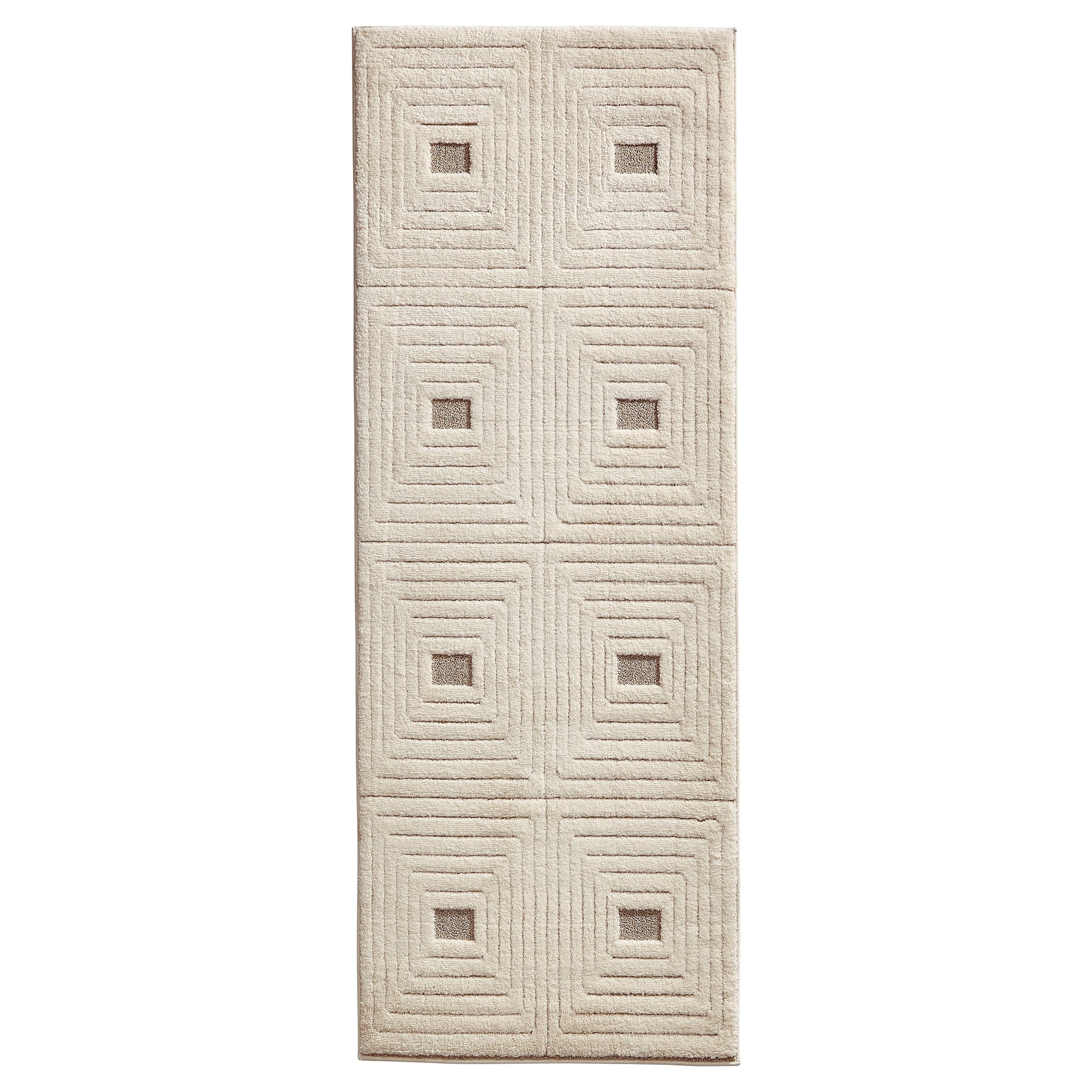  Tan/White Linear Square Geo High-Low Indoor Rug Runner, 2.5' x 7'