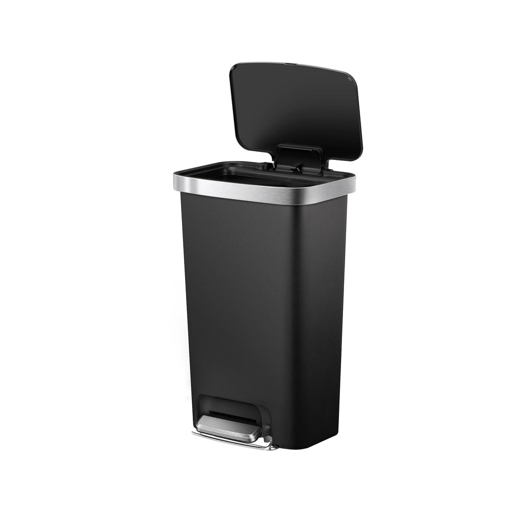  Kitchen Trash Can, 11.9 Gallon Plastic Step Garbage Bin with Soft Close Lid, Black