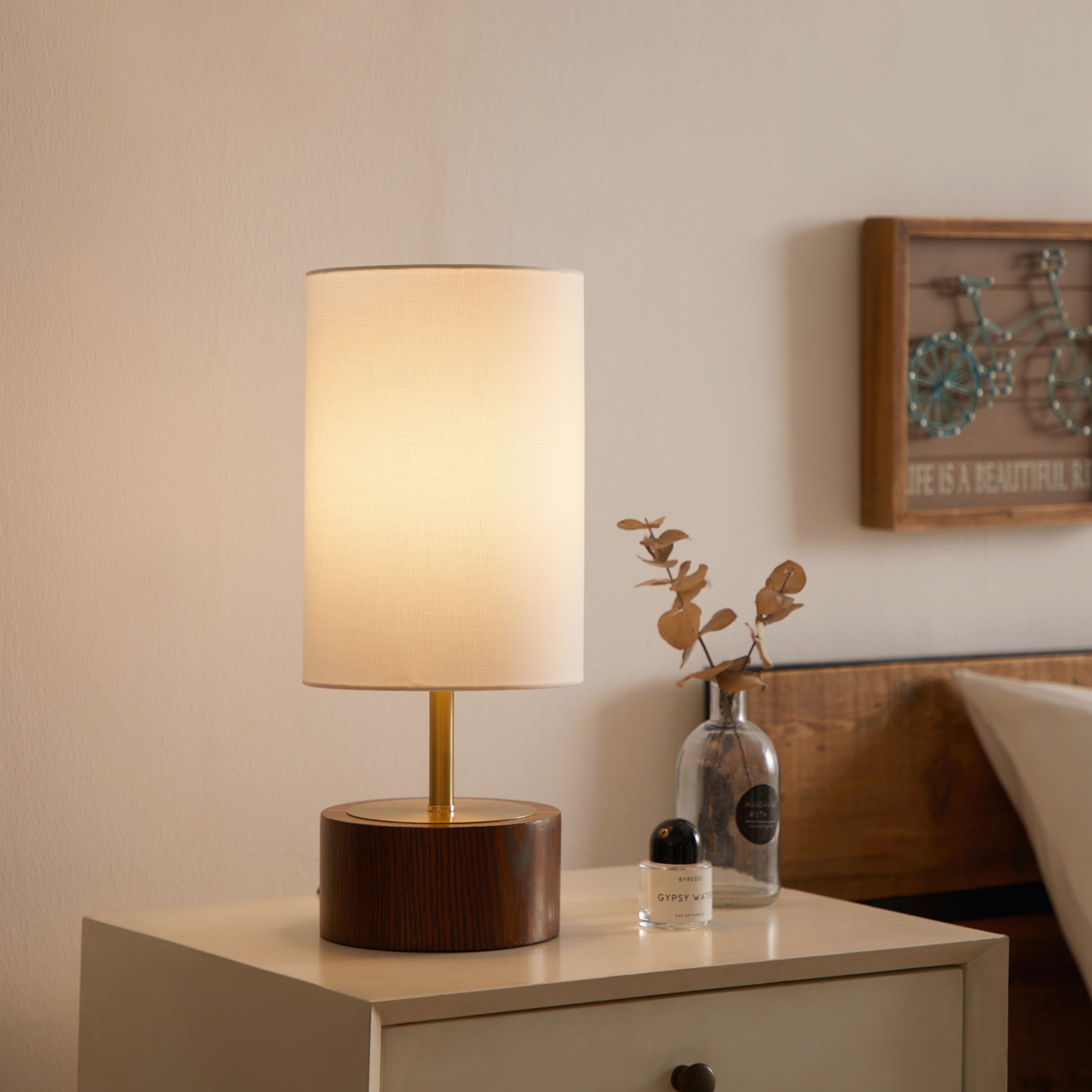  16.25" Walnut and Brushed Brass Finish Woodgrain Touch Table Lamp