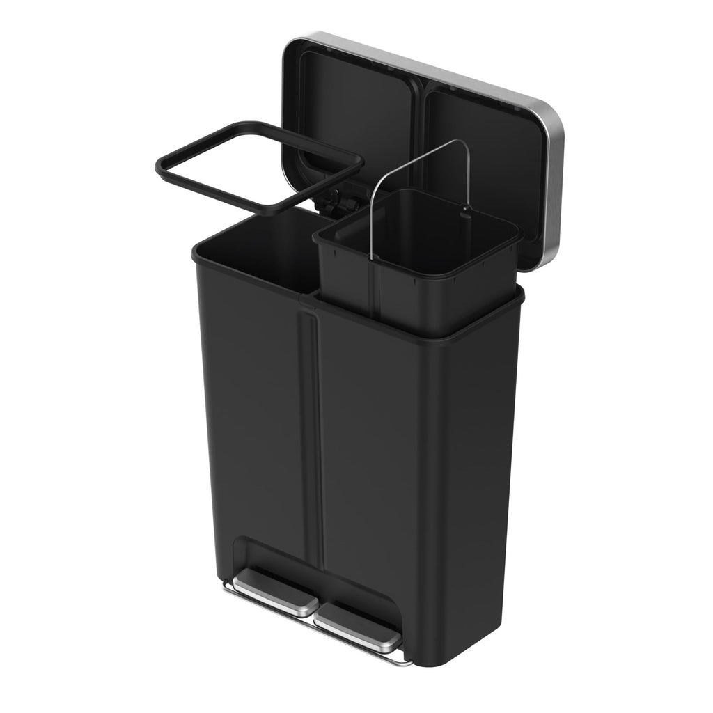  Kitchen Recycle Trash Can, 16 Gallon Plastic Dual Compartment Step Garbage Bin, Black