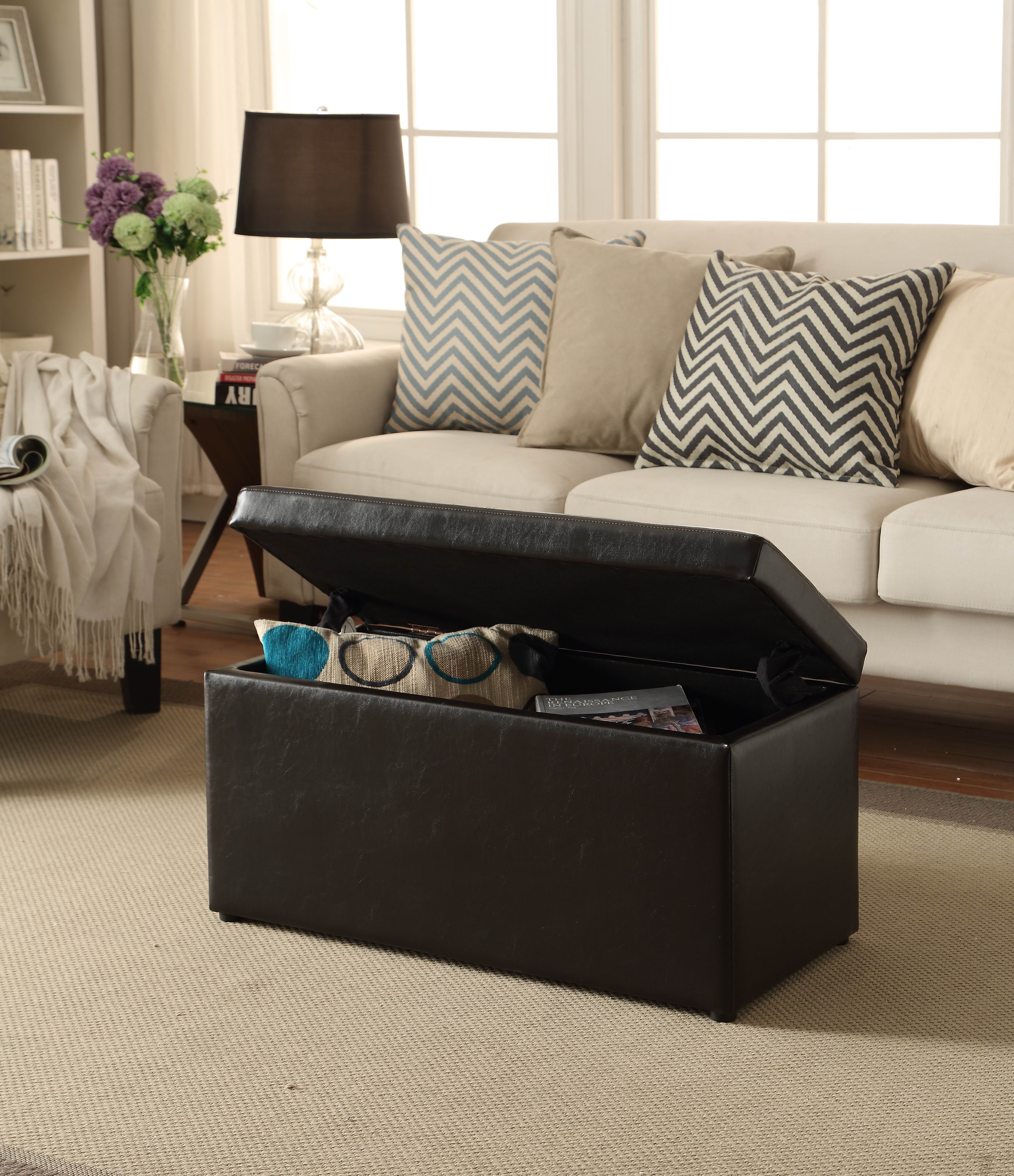  30" Hinged Storage Ottoman, Brown Faux Leather