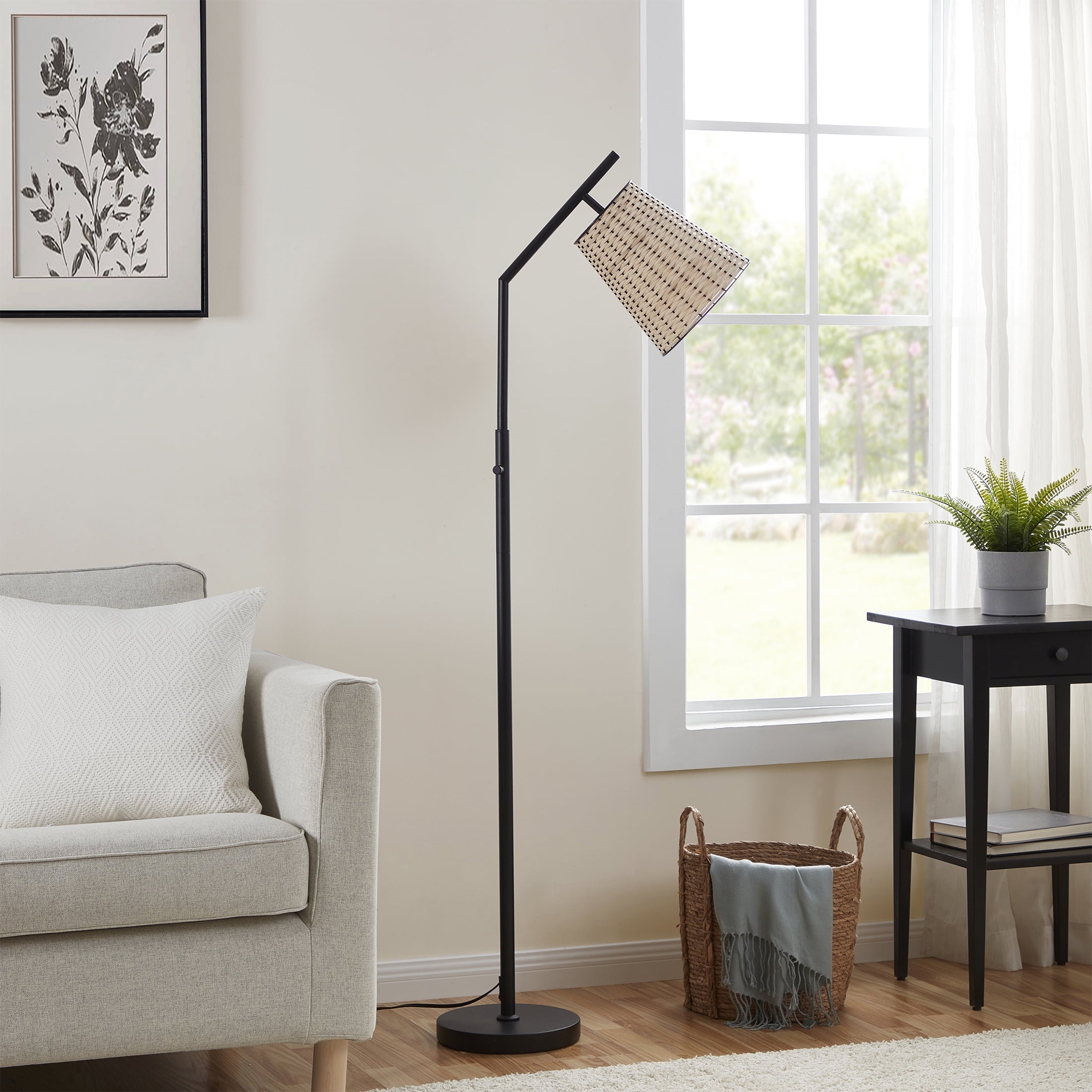  60� Boho Black Angled Floor Lamp with Natural Shade