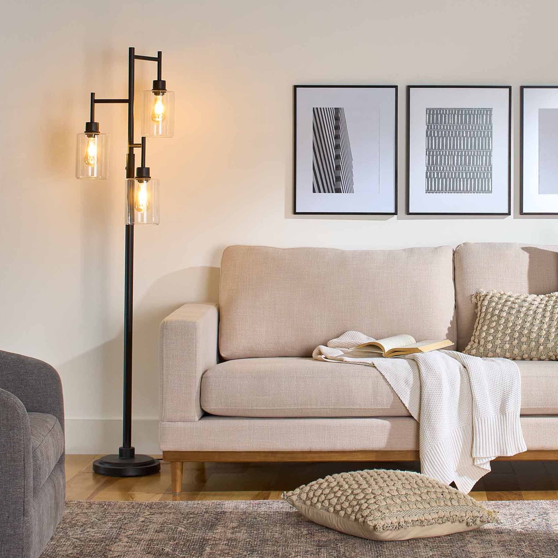 63.5 in 3 Light Contemporary Black Floor Lamp Clear Glass