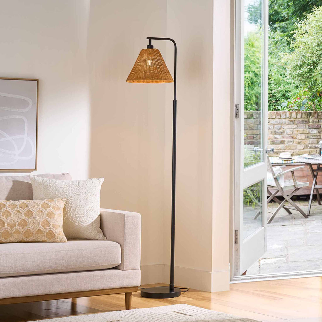  70" Metal Floor Lamp with Natural Woven Rattan Shade
