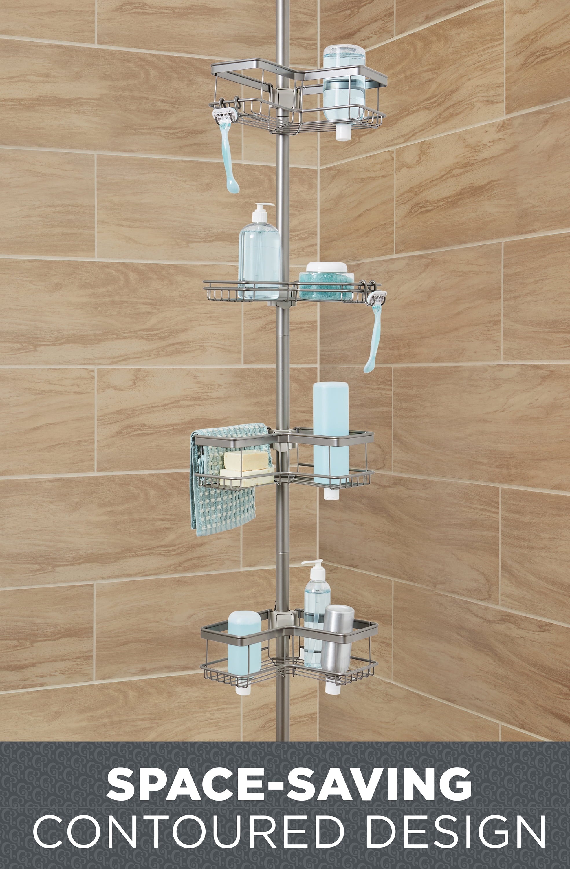  Adjustable Tension Steel Shower Pole Caddy, 4 Shelves, Satin Nickel