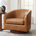  Bradford Wooden Base Swivel Accent Chair, Chestnut Faux Leather
