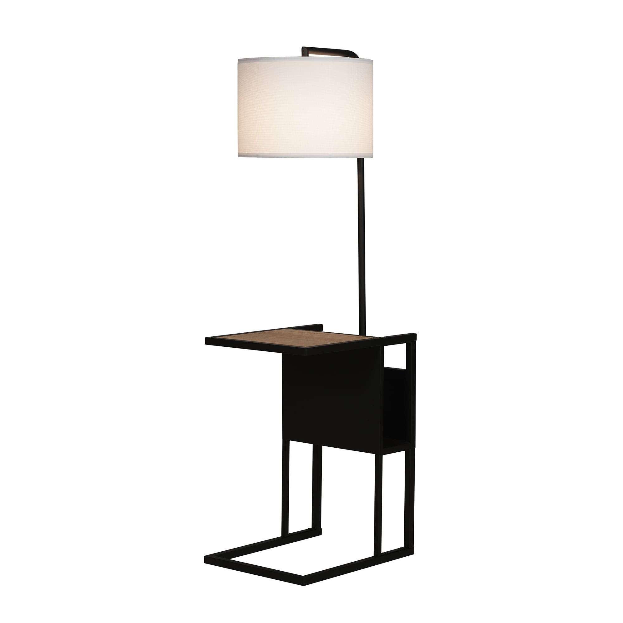  54"  Matte Black Metal Floor Lamp with Faux Wood Table and Magazine Rack