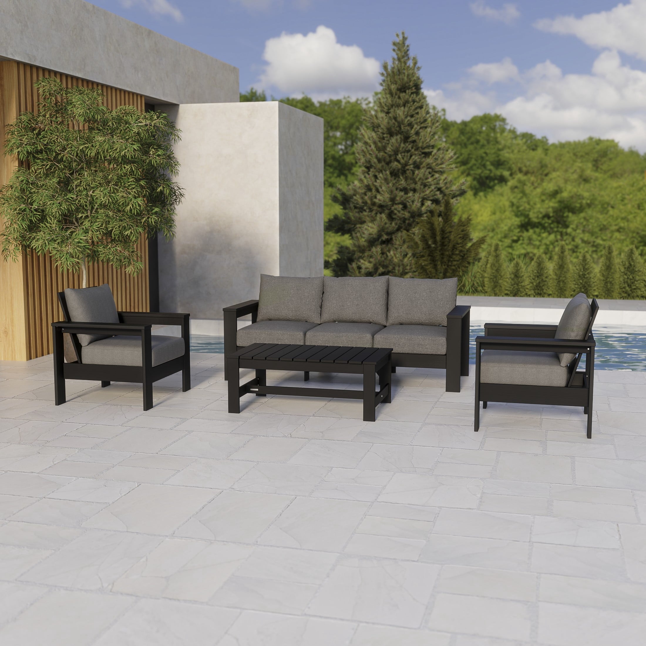 Homora™ Ezra 4-Piece Outdoor HDPE Conversation Set, White with Neutral Palm Cushions