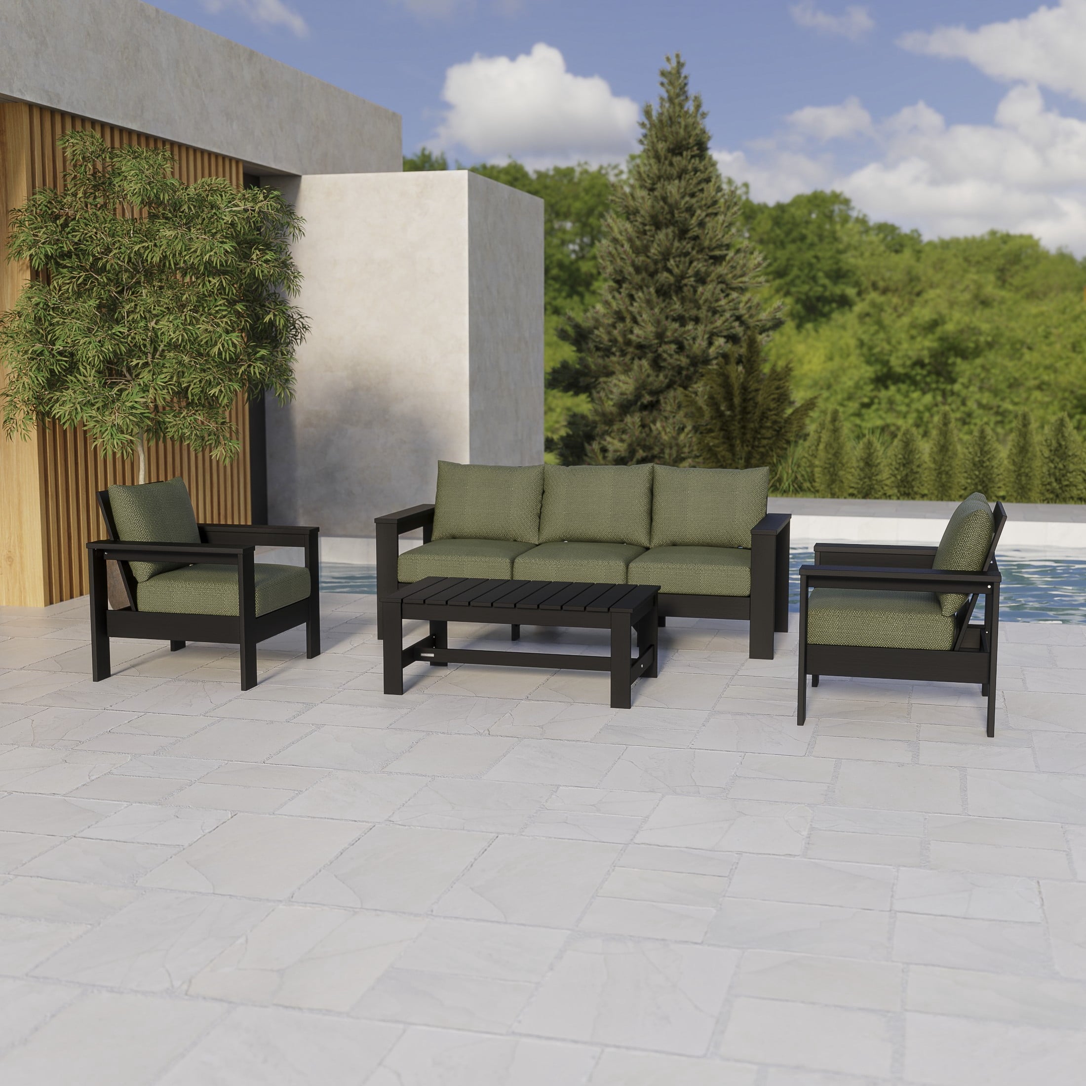 Homora™ Ezra 4-Piece Outdoor HDPE Conversation Set, White with Neutral Palm Cushions