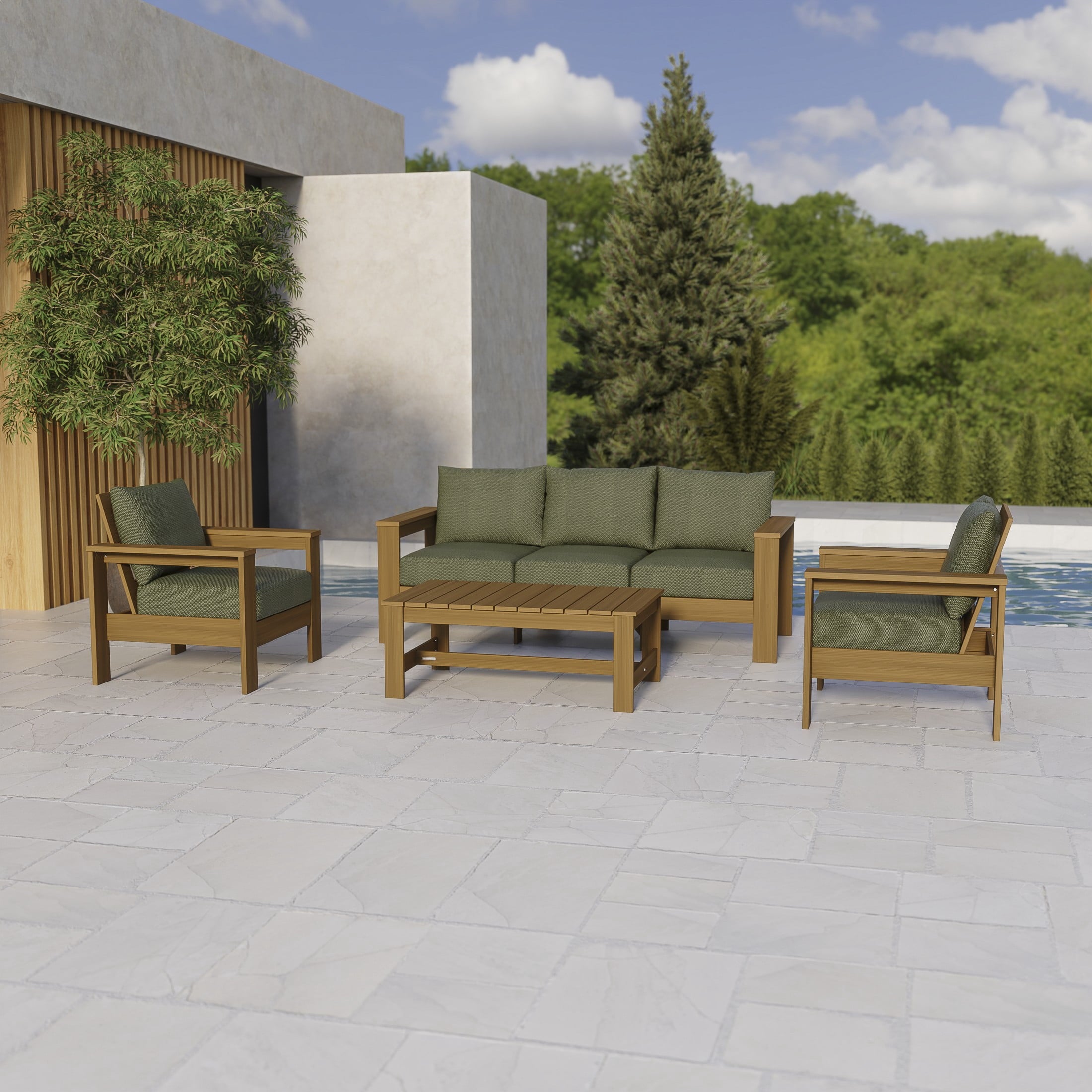 Homora™ Ezra 4-Piece Outdoor HDPE Conversation Set, White with Neutral Palm Cushions