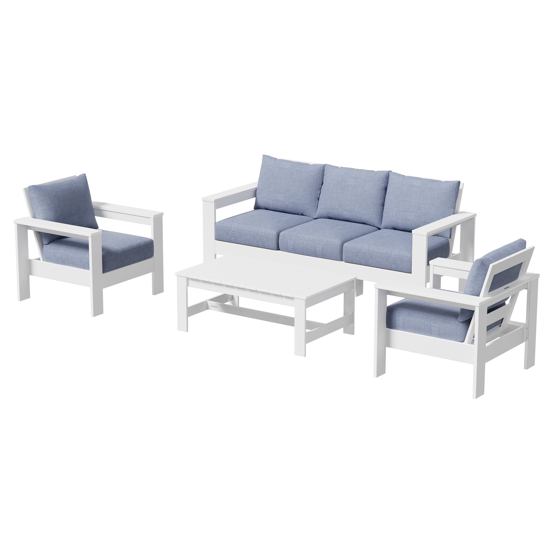 Homora™ Ezra 4-Piece Outdoor HDPE Conversation Set, White with Neutral Palm Cushions