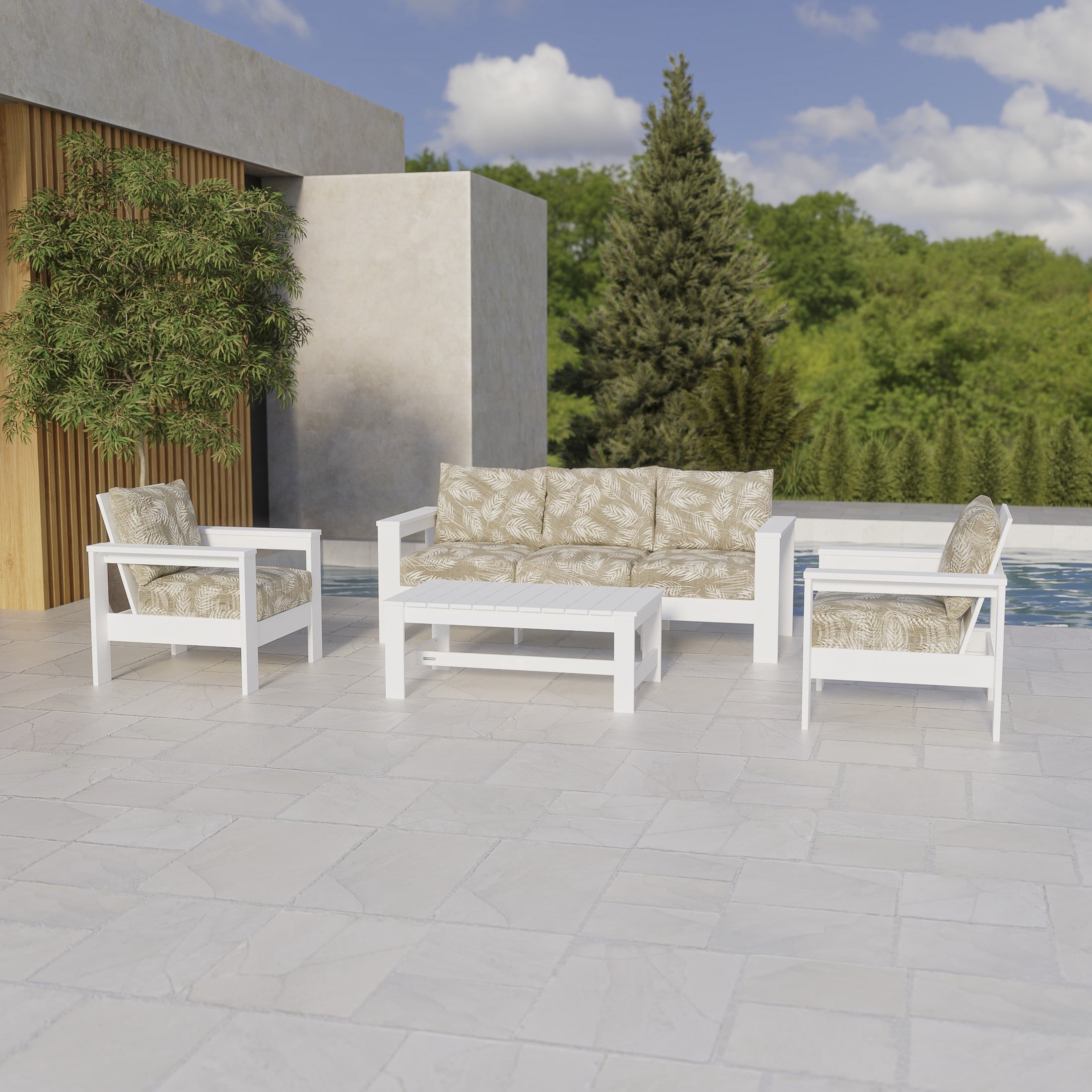  Ezra 4-Piece Outdoor HDPE Conversation Set, White with Neutral Palm Cushions