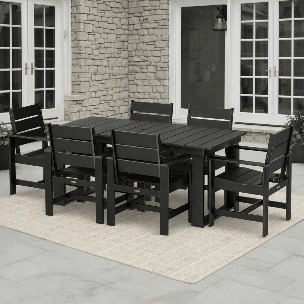  Ezra 7-Piece Outdoor HDPE Dining Set, Black