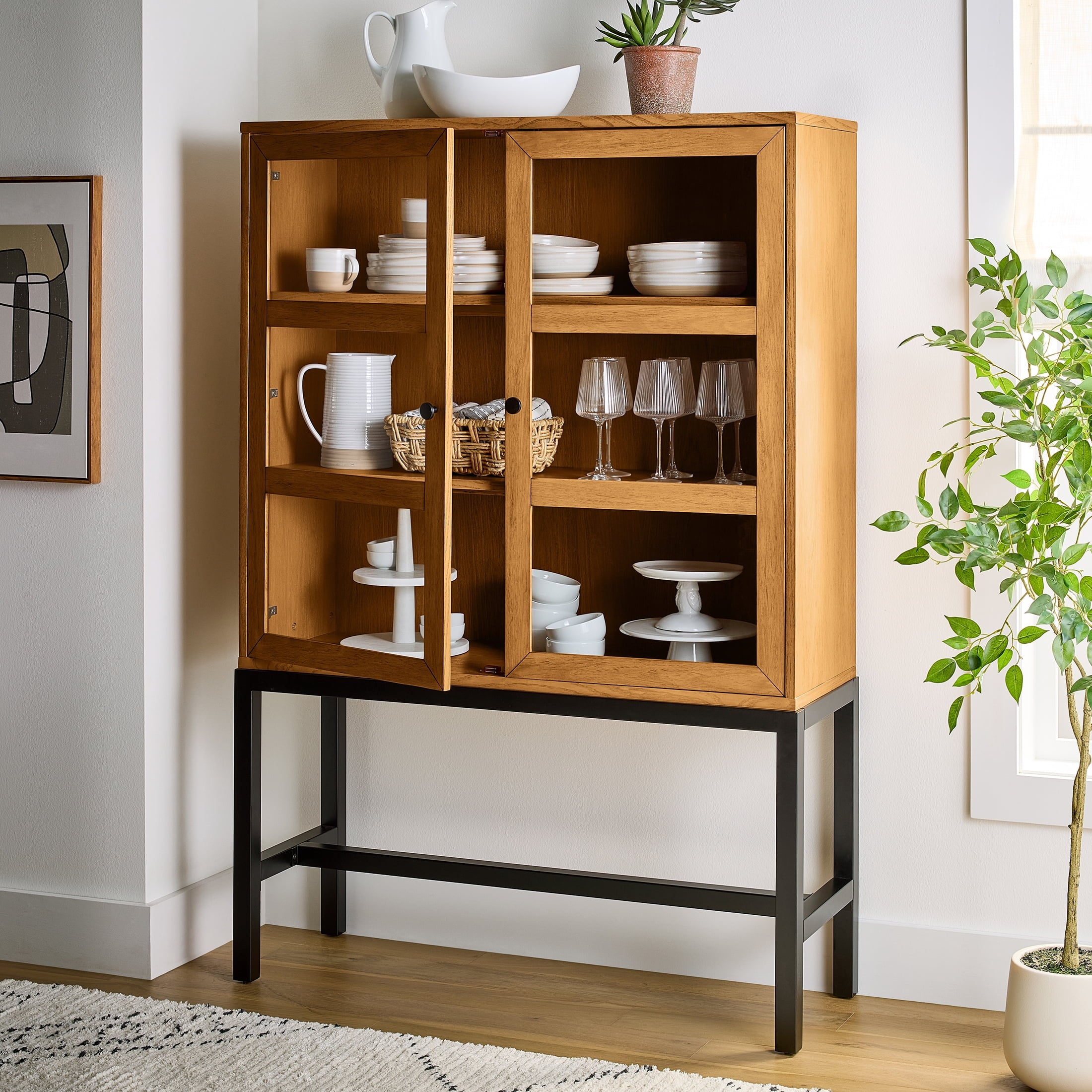  Ezra China Cabinet, Light Honey Finish and Black Stand