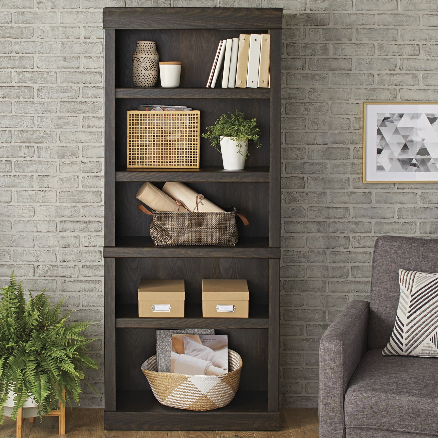 Homora™ Glendale 5 Shelf Bookcase, Rustic Gray Finish