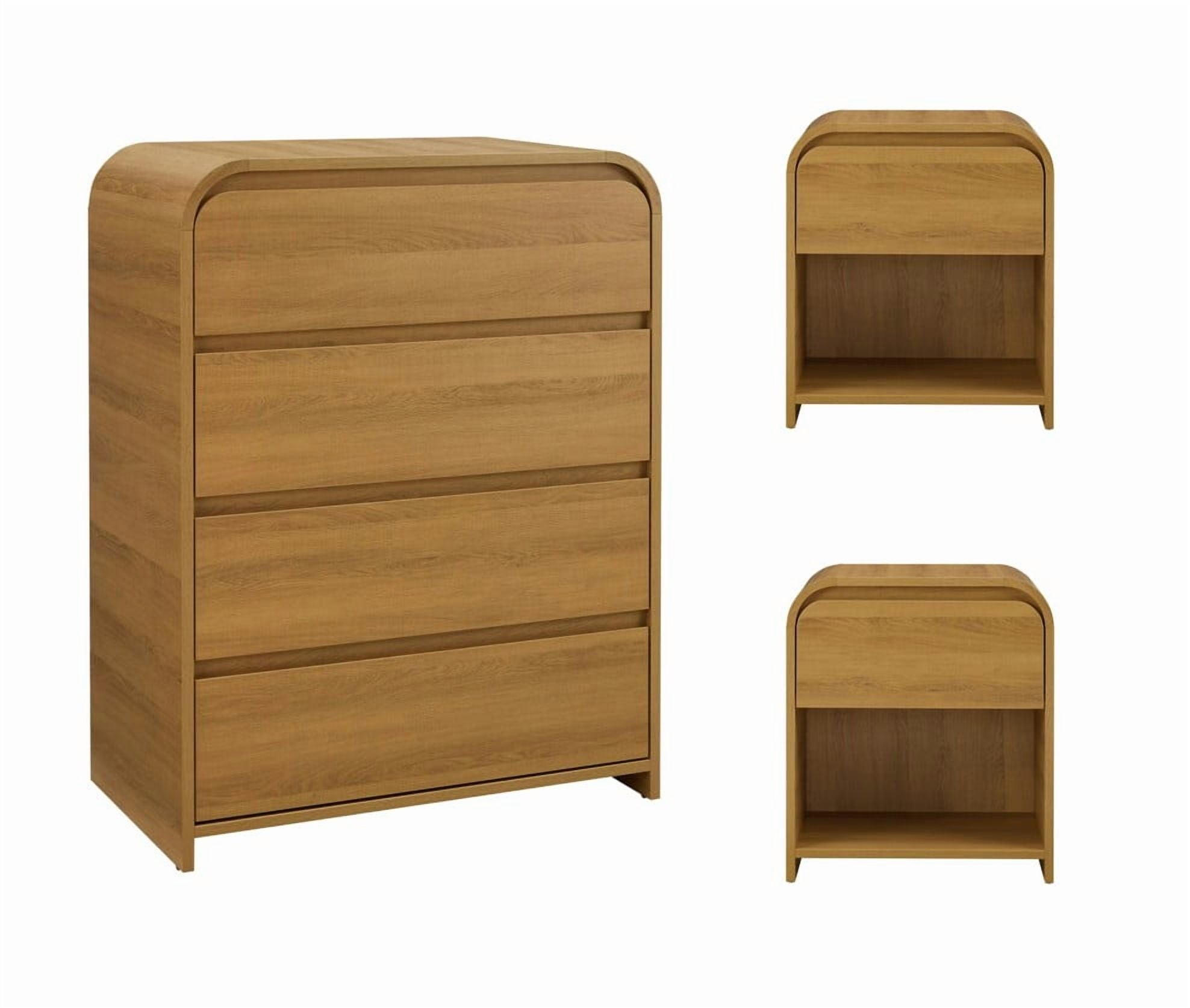  Juliet 4 Drawer Dresser and 2 Nightstands Bedroom Set, Light Honey