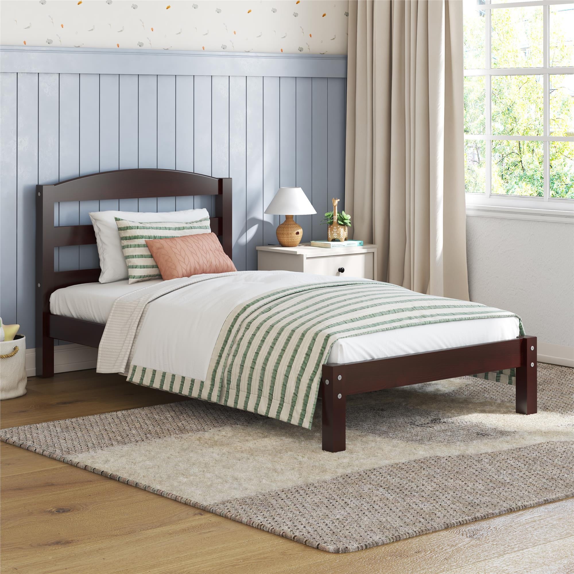  Leighton Kids Twin Size Bed, Wood Platform Bed Frame, Espresso