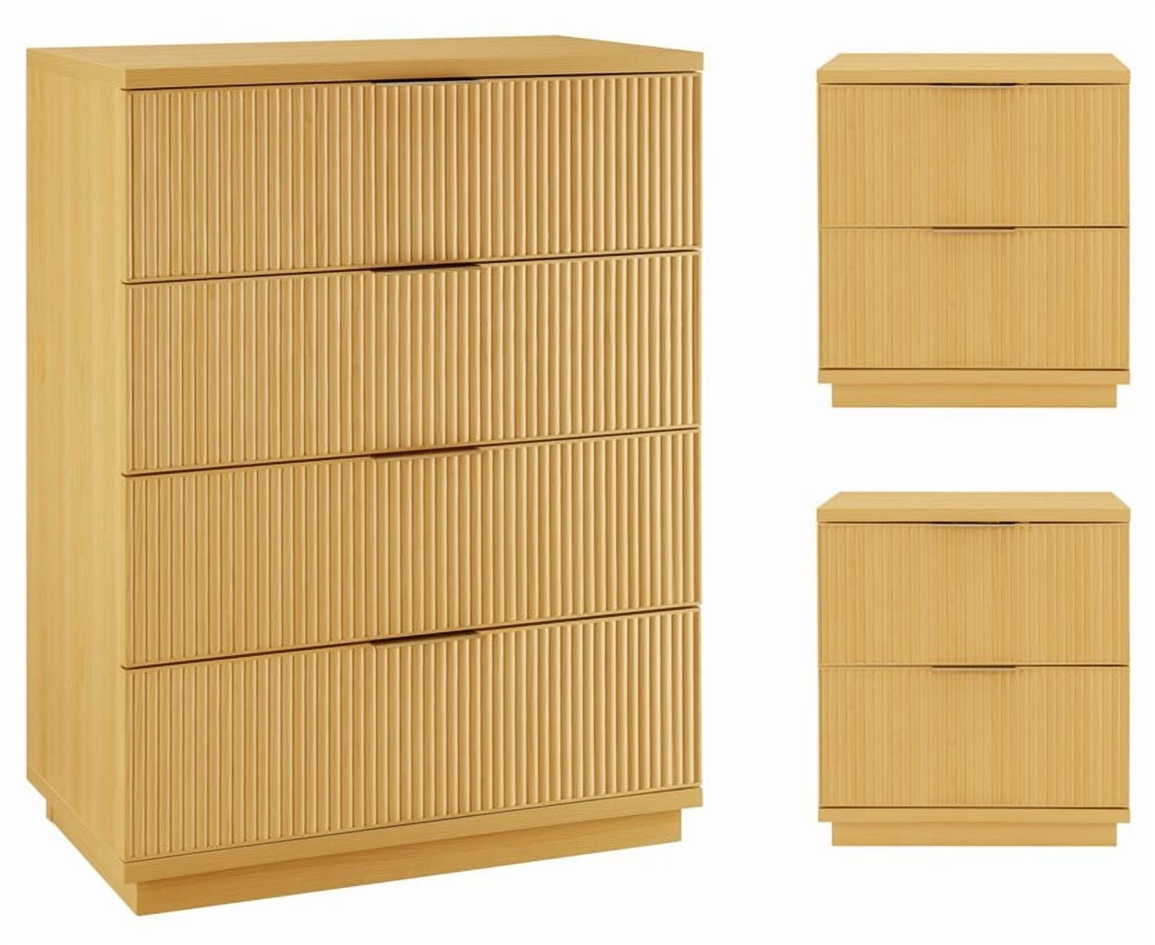  Lillian 4 Drawer Dresser and 2 Nightstands Bedroom Set, Natural Pine