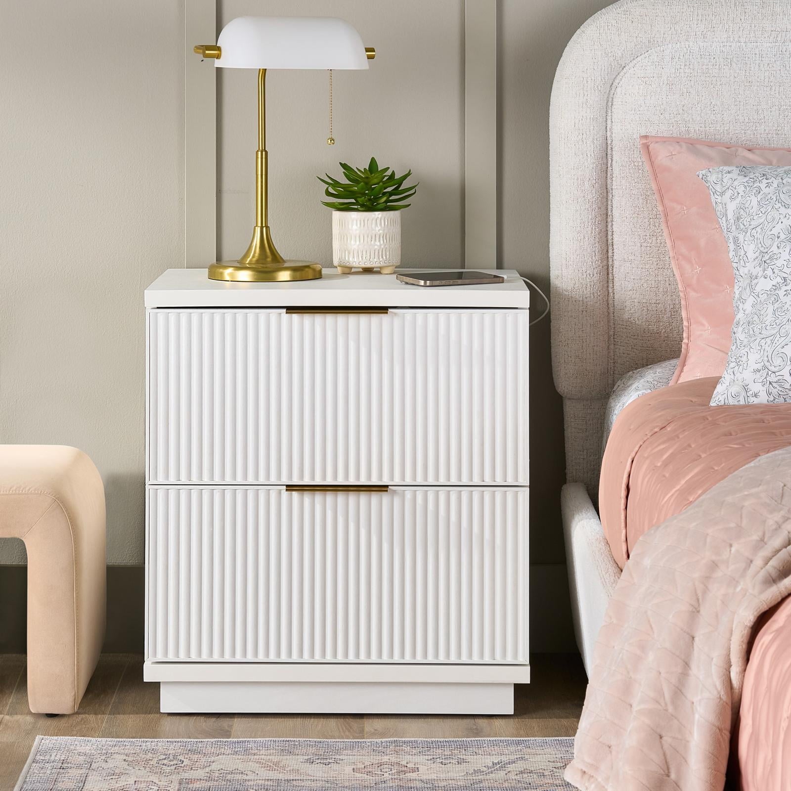  Lillian Fluted 2-Drawer Nightstand with USB, White Finish