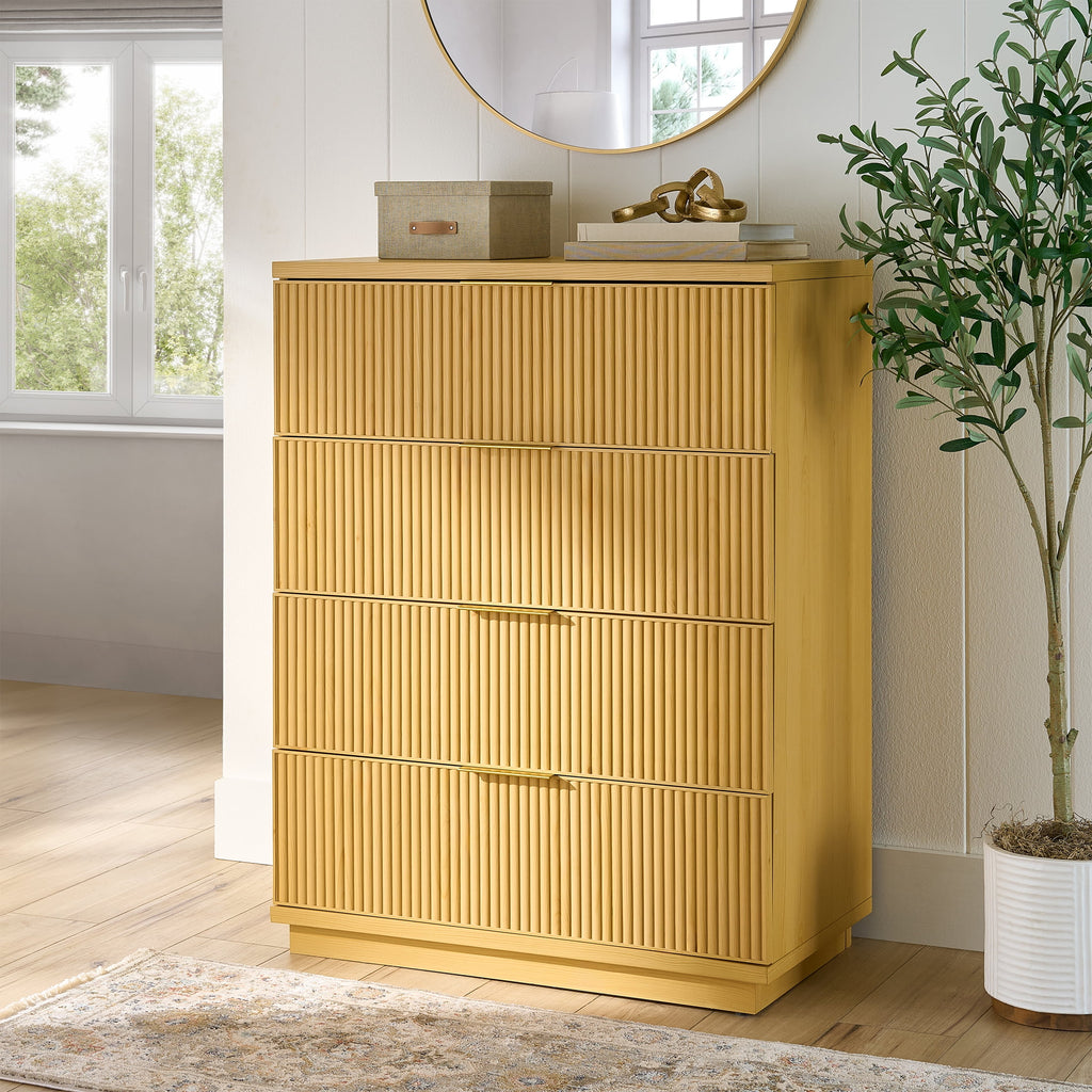  Lillian Fluted 4 Drawer Dresser, Natural Pine