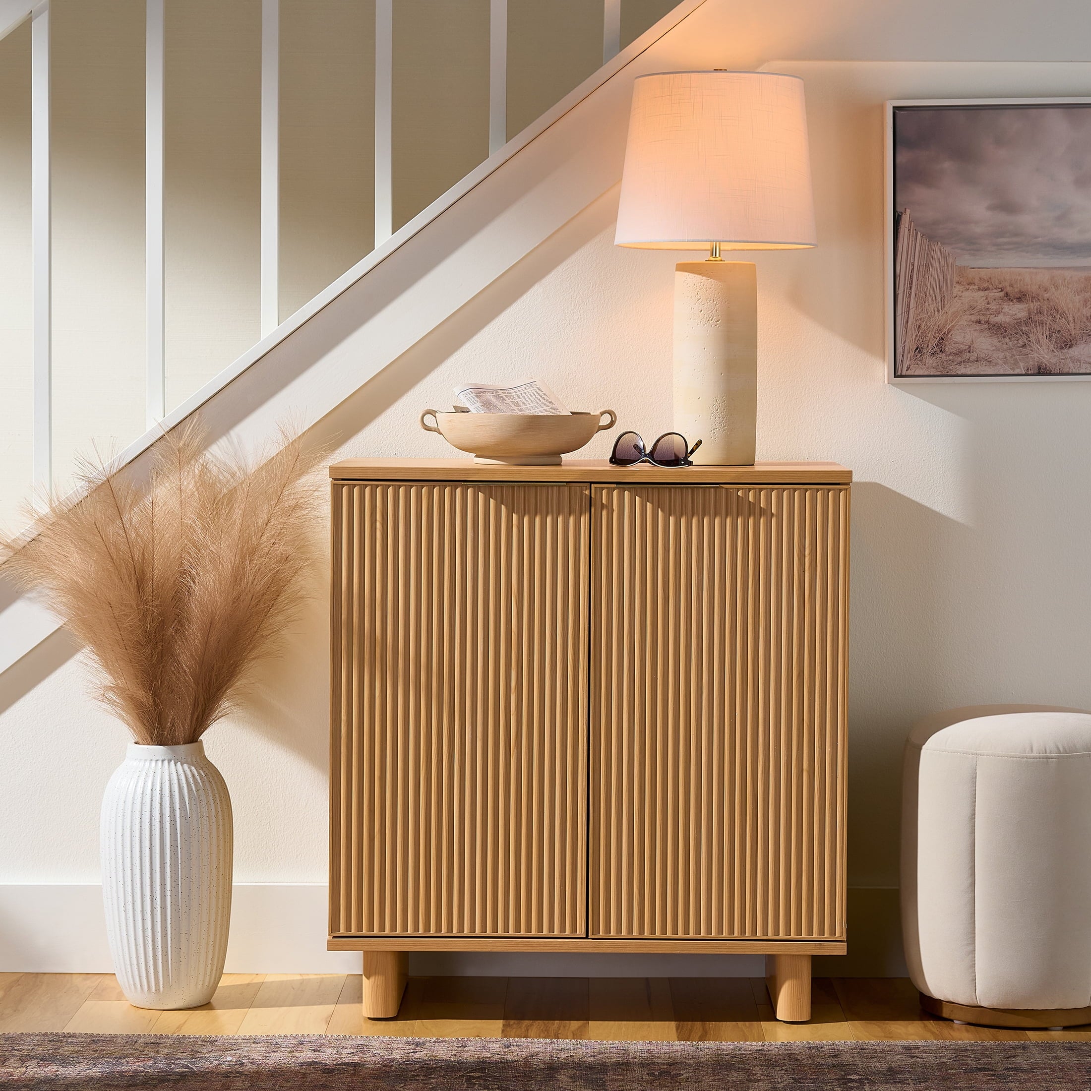  Lillian Fluted Accent Cabinet, Natural Pine Finish