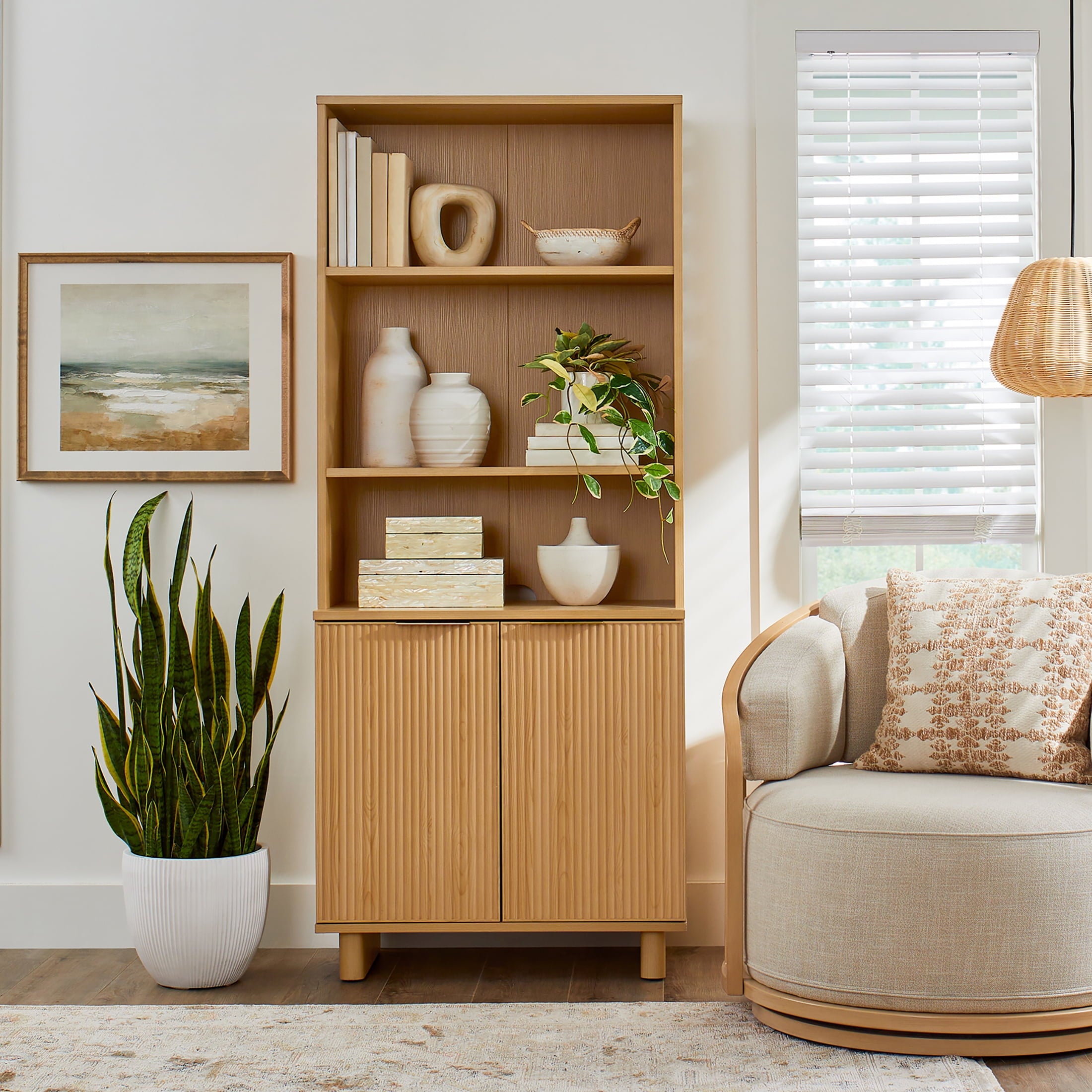 Homora™ Lillian Fluted Bookcase with Doors, Walnut Finish