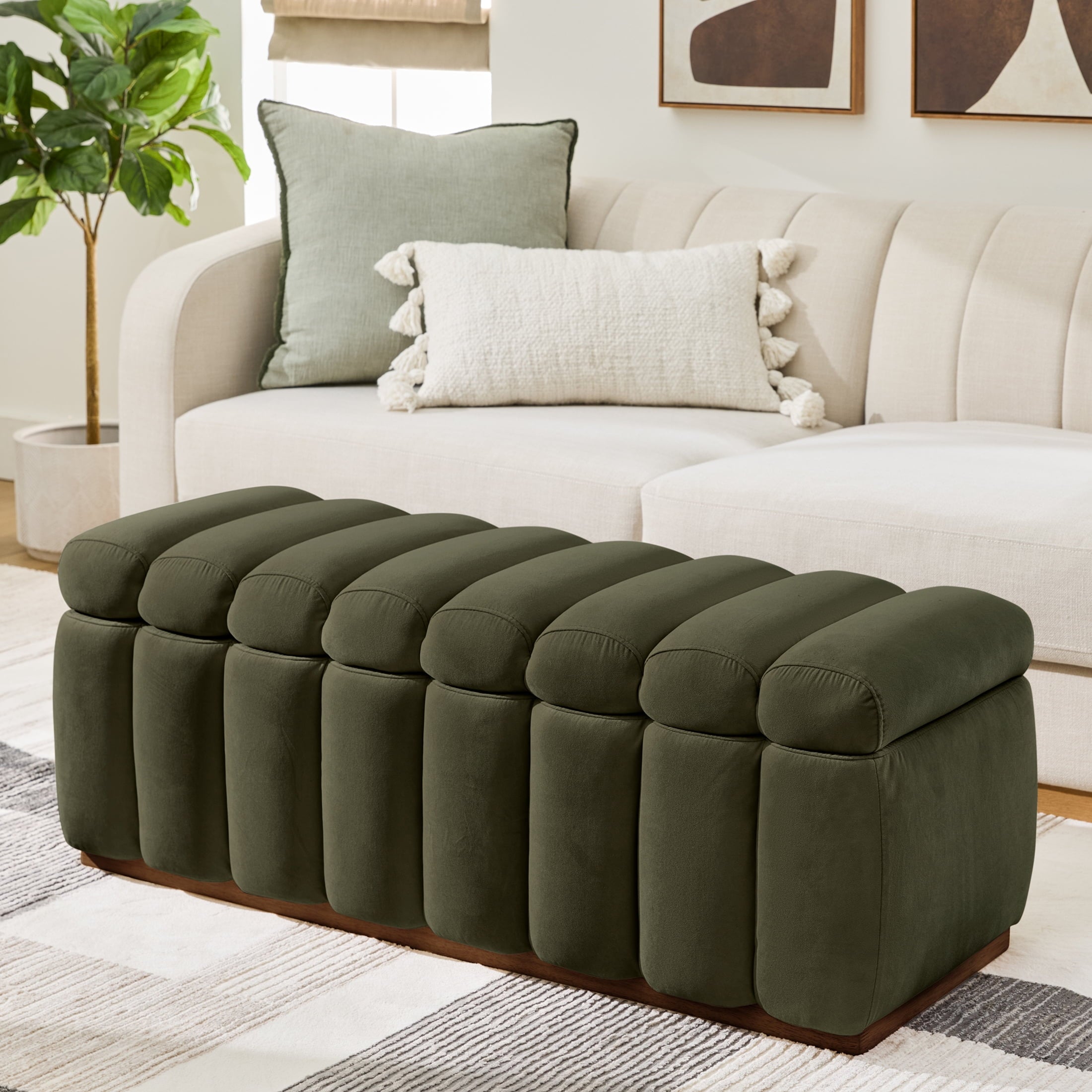  47.24" Lillian Channel Tufted Bench, Olive Velvet