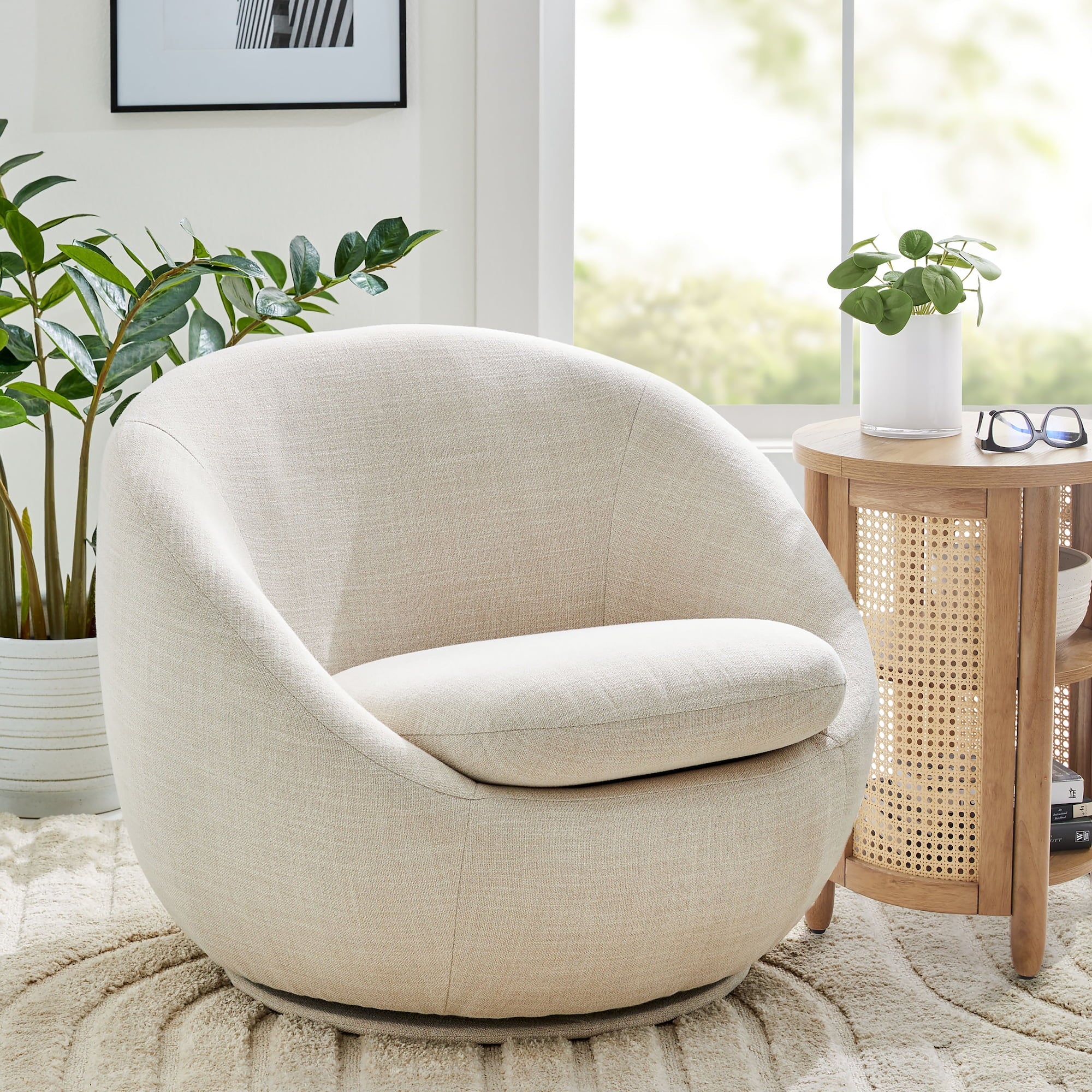  Mira Swivel Accent Chair, Cream Linen