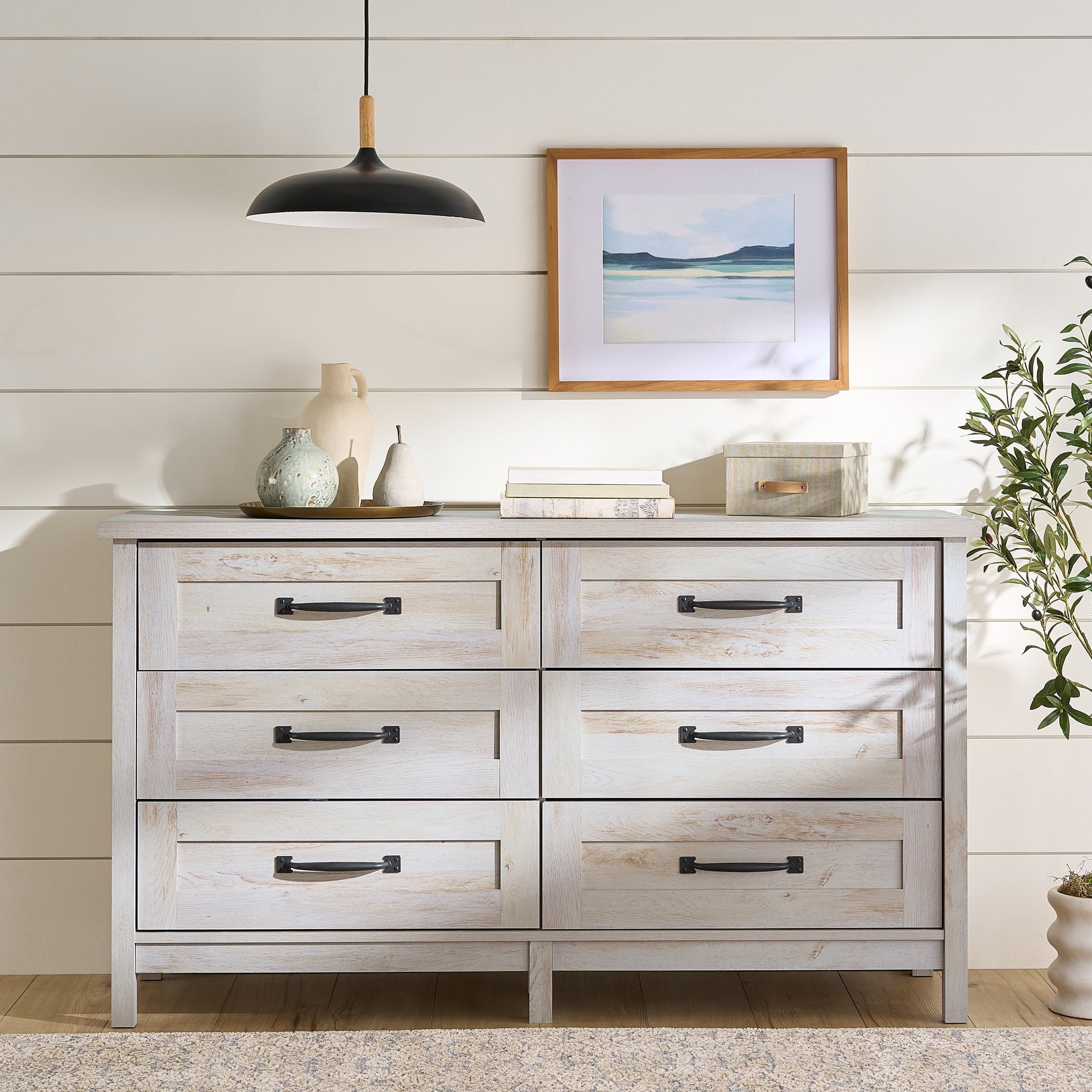 Homora™ Modern Farmhouse 56.85" Wide 6 Drawer Dresser, Alabaster and Light Honey Finish