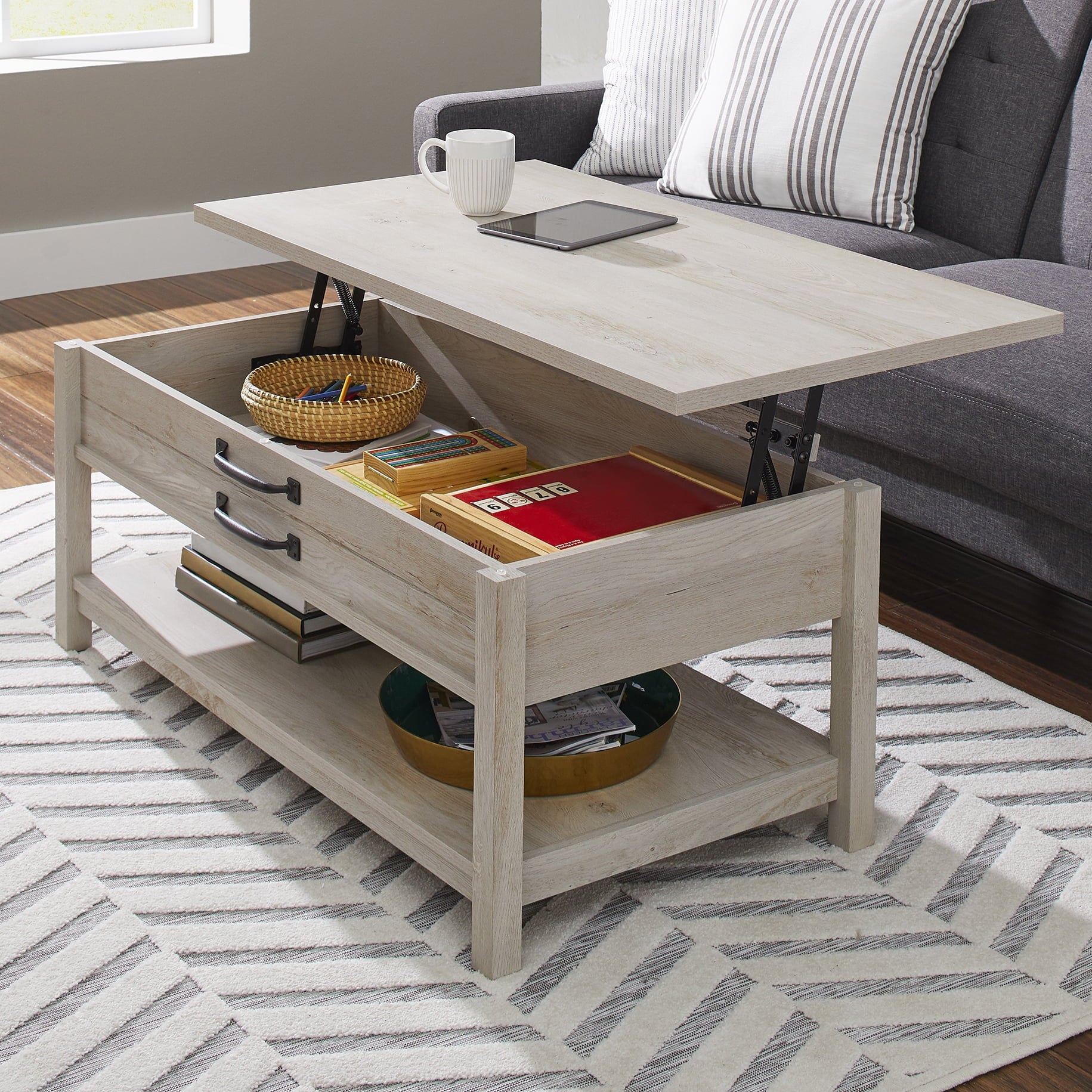 Homora™ Modern Farmhouse Rectangle Lift-Top Coffee Table, Rustic Gray Finish