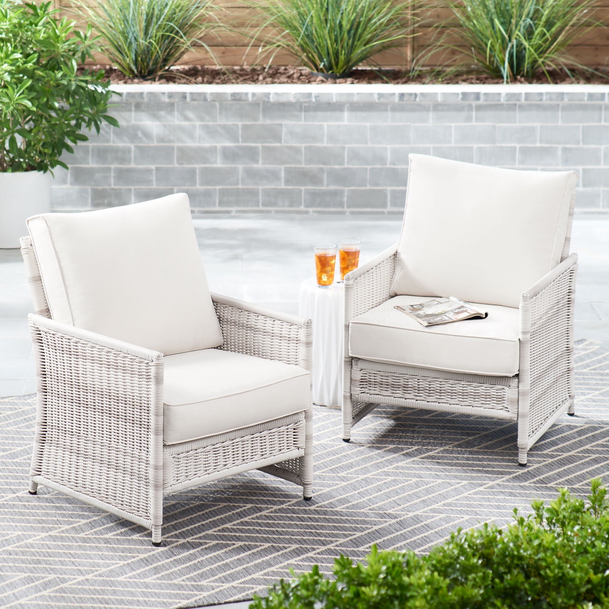  Paige Outdoor Wicker Stationary Lounge Chairs, Set of 2, White