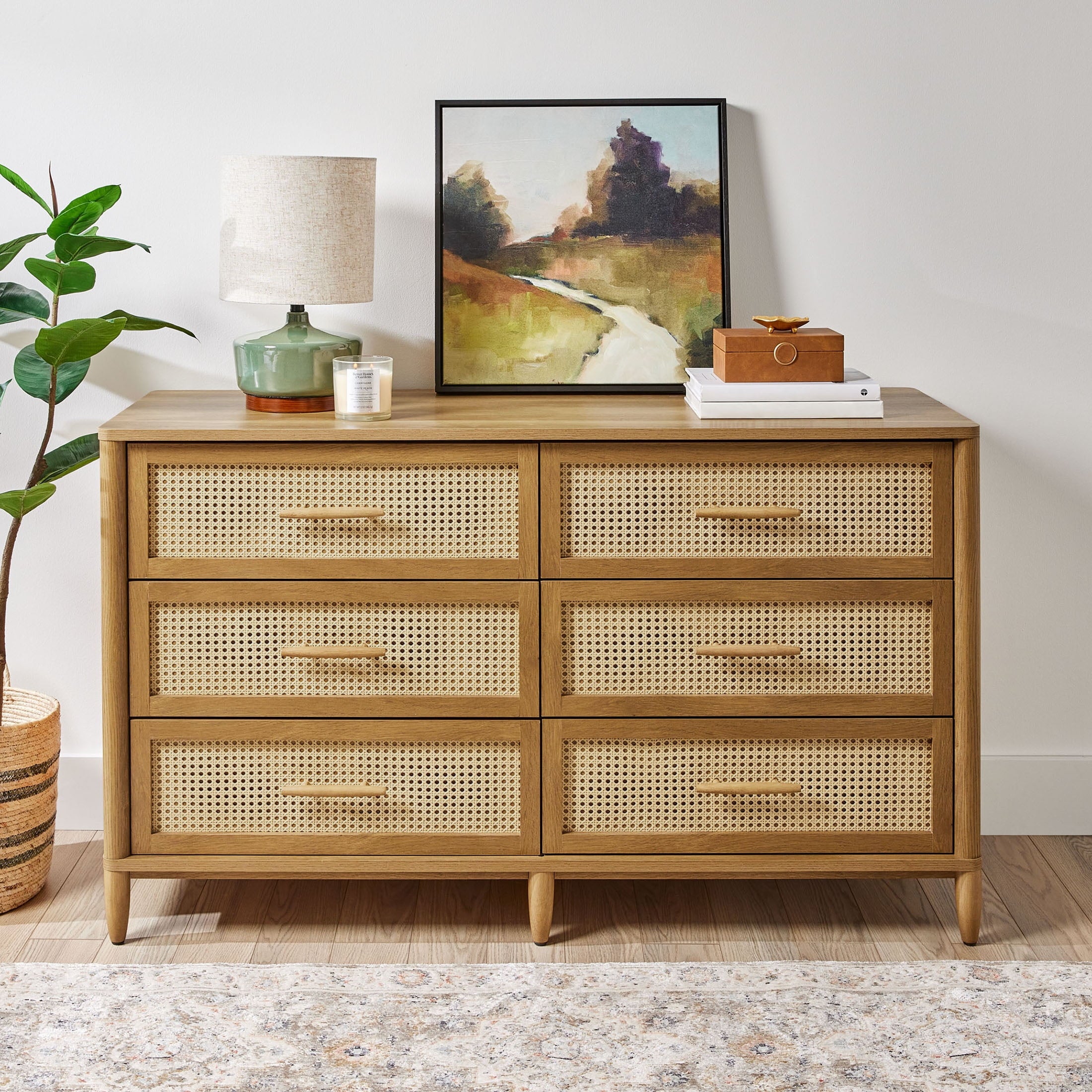  Springwood Caning 6-Drawer Dresser, Light Honey Finish