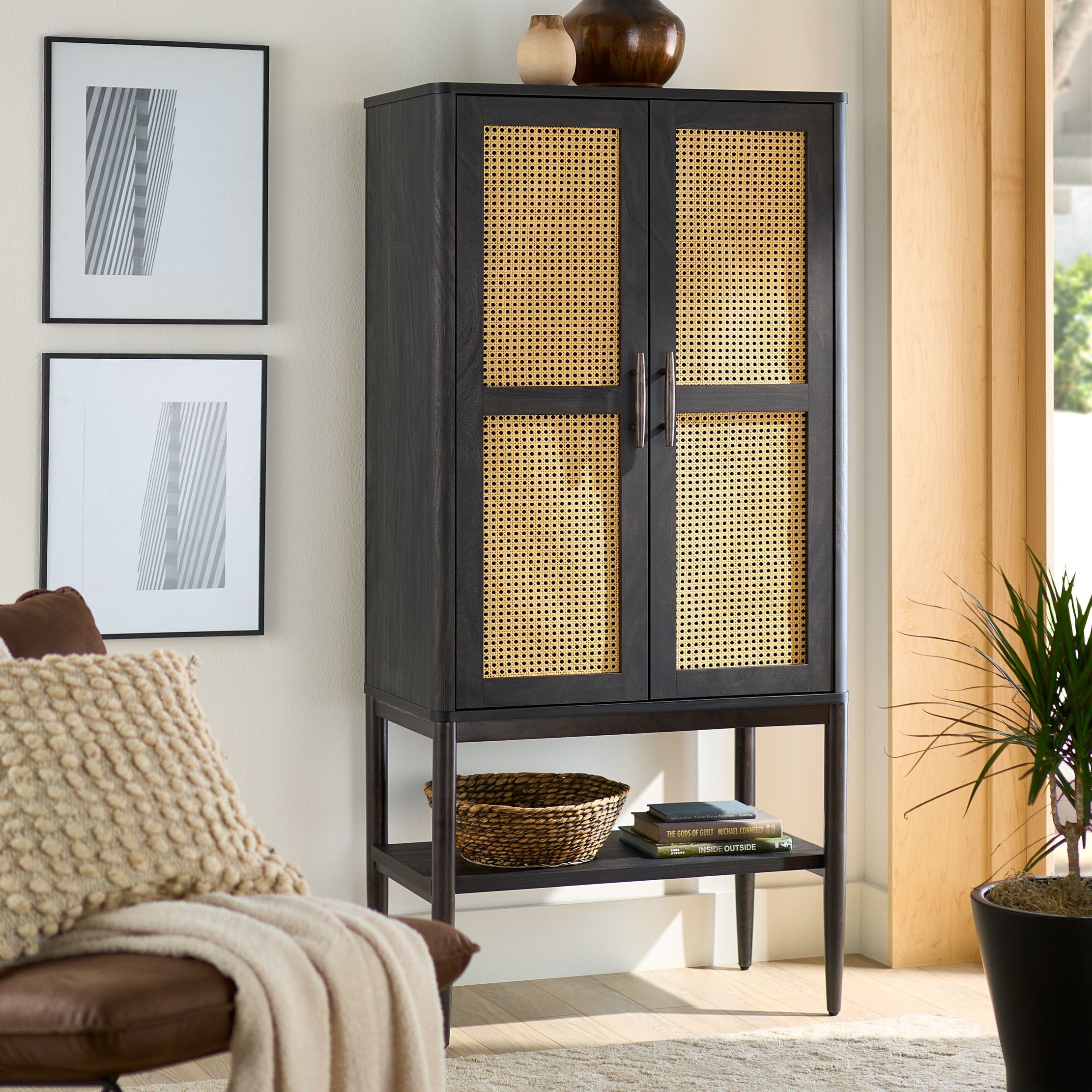 Homora™ Springwood Caning Storage Accent Cabinet, Light Honey Finish