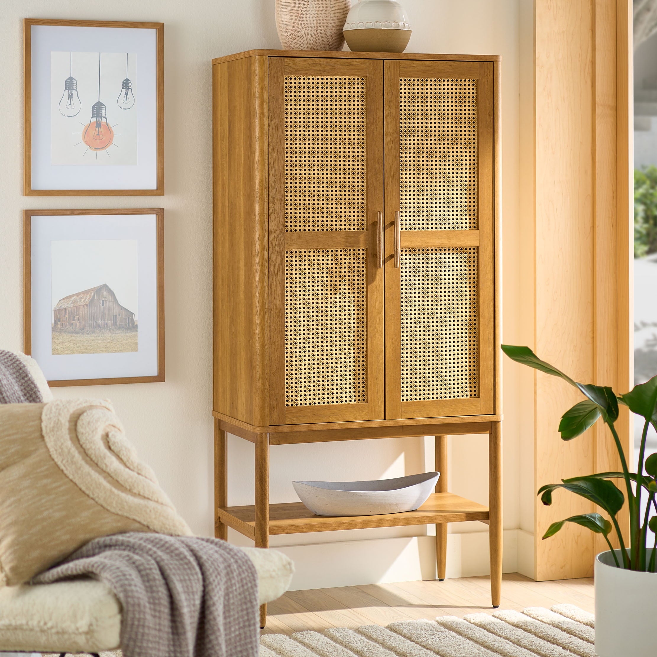  Springwood Caning Storage Accent Cabinet, Light Honey Finish