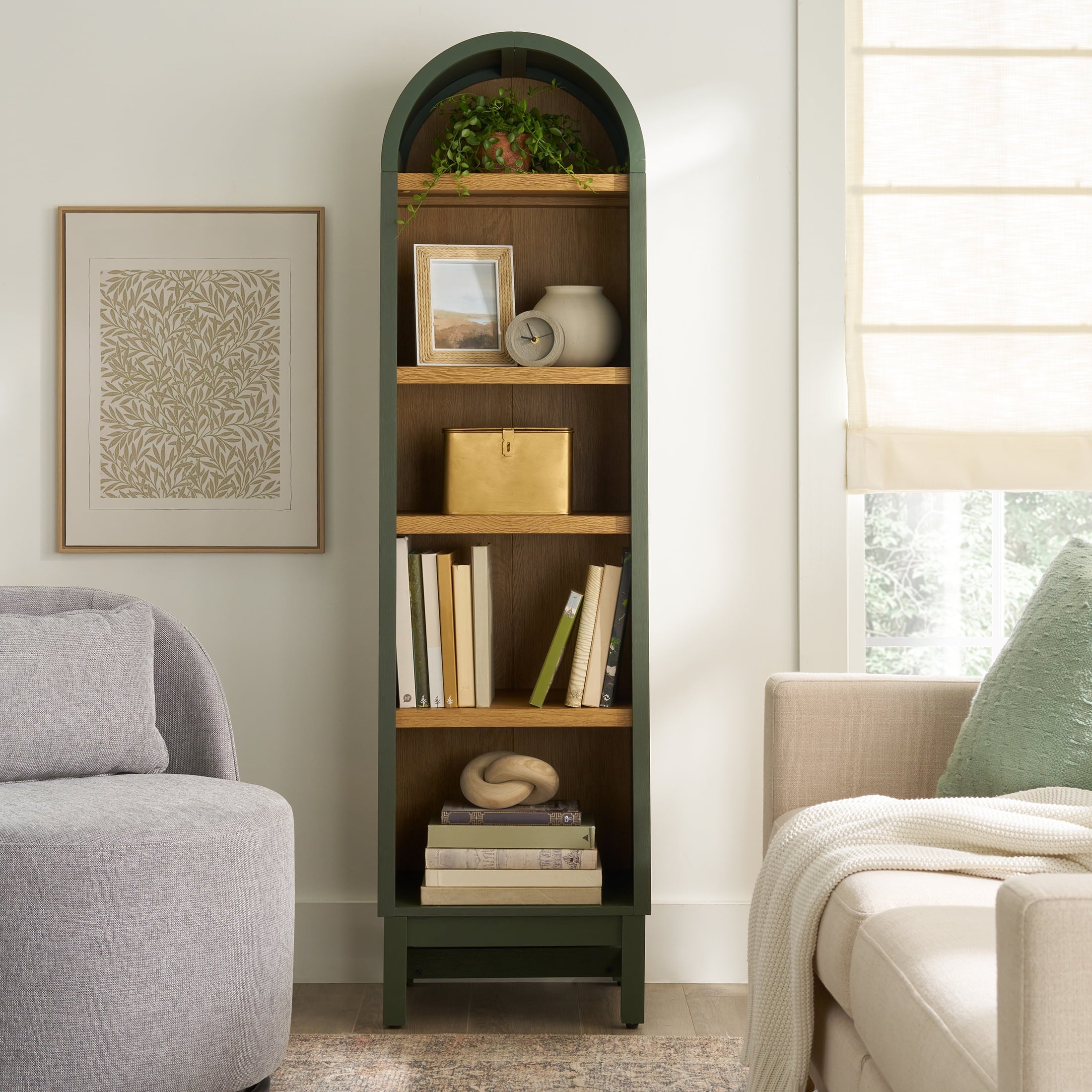 Homora™ Juliet Narrow Arch Bookcase, Rich Black and Light Honey