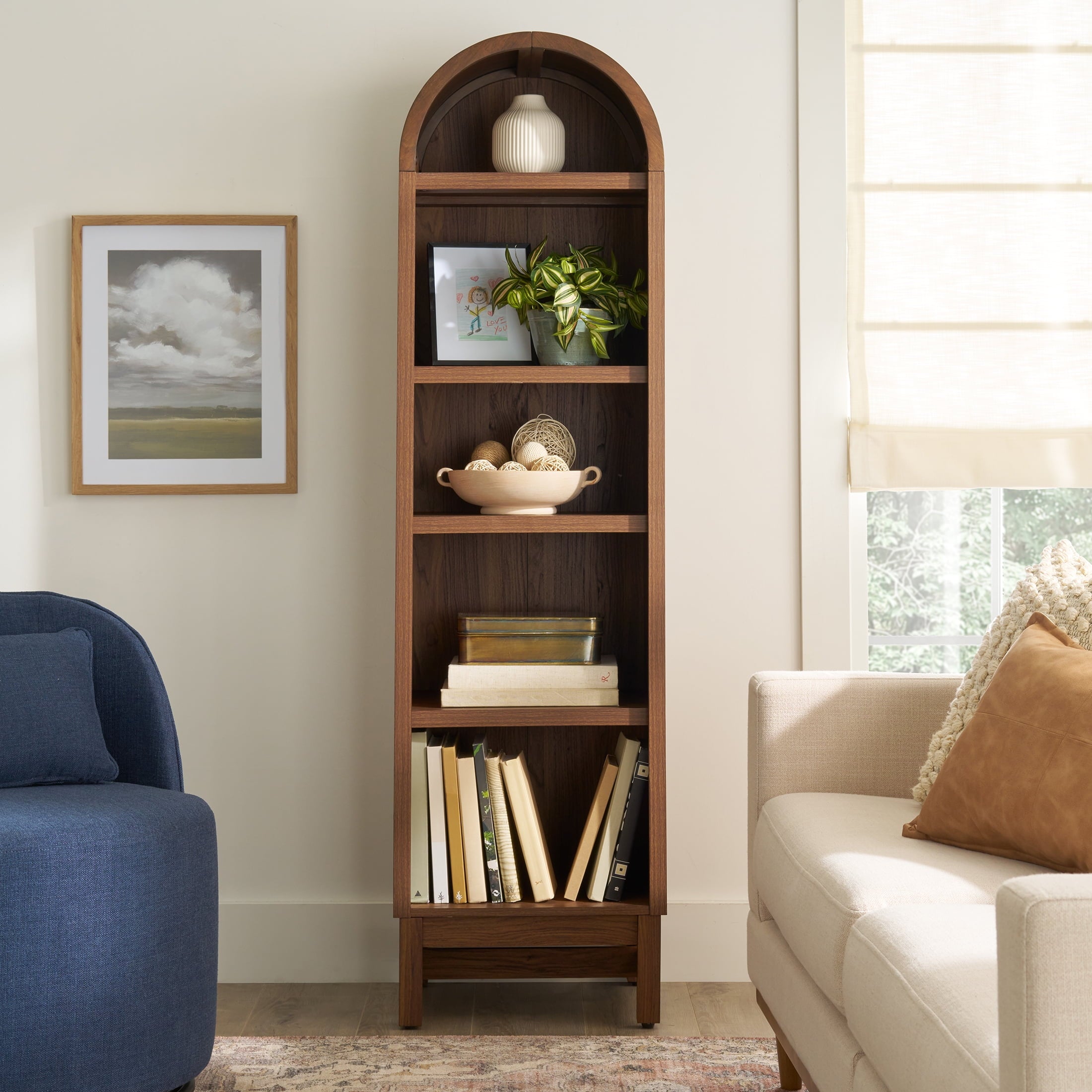 Homora™ Juliet Narrow Arch Bookcase, Rich Black and Light Honey