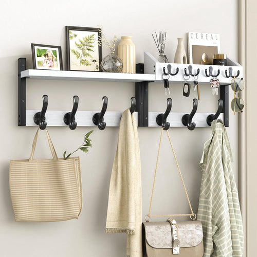 Burfoko 4-in-1 Wall Mounted Coat Rack with Shelf - 29" Entryway Organizer with 11 Hooks, Mail Holder & Key Hanger, Space-Saving for Hallway/Bedroom, White