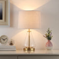  18" Clear Glass Table Lamp with Brass Metal Base and Beige Shade