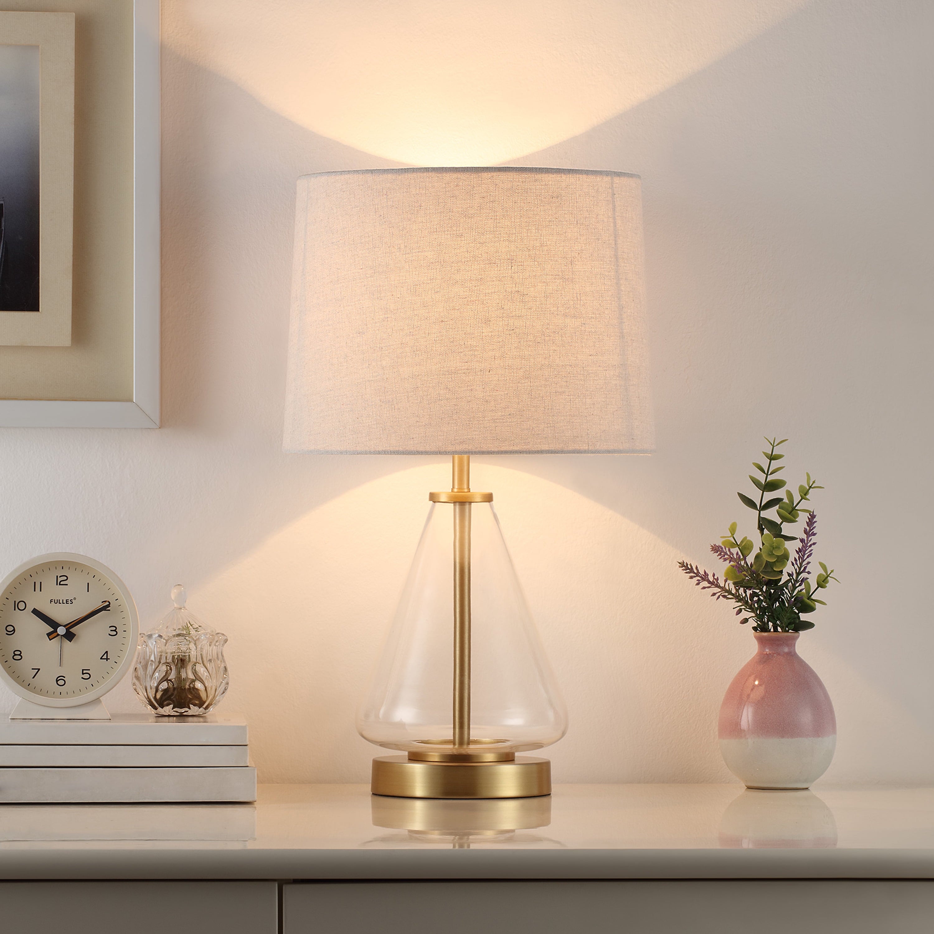  18" Clear Glass Table Lamp with Brass Metal Base and Beige Shade