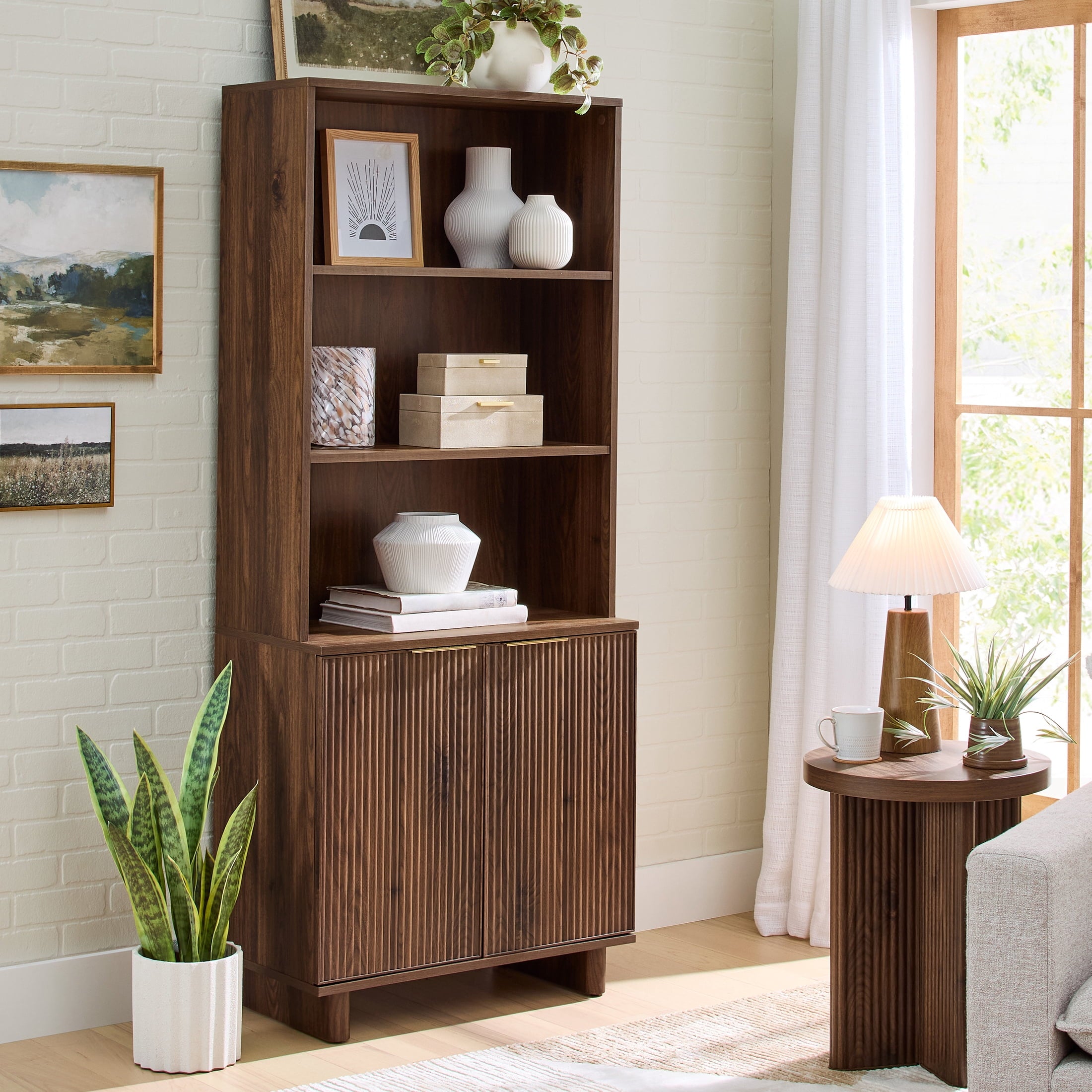  Lillian Fluted Bookcase with Doors, Walnut Finish
