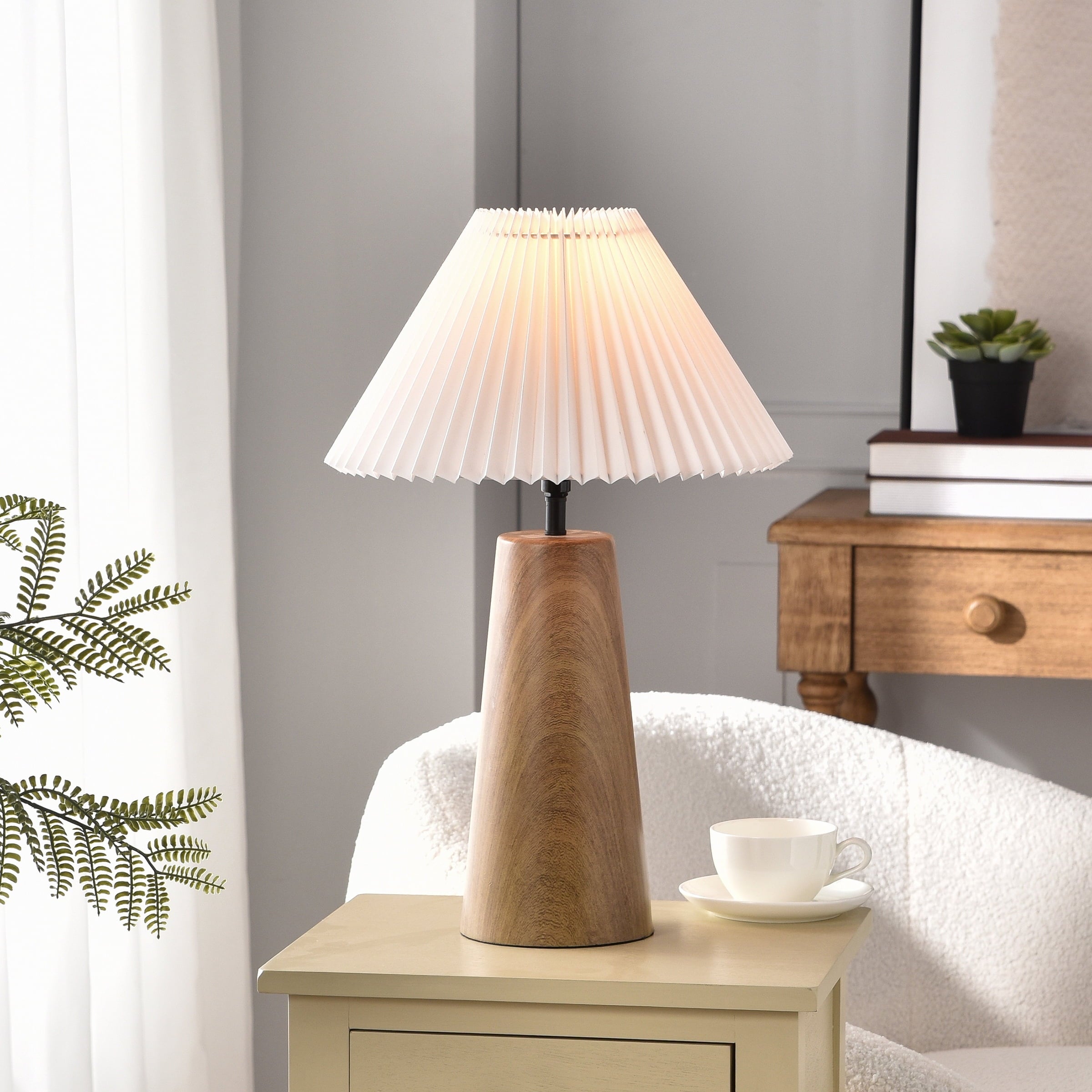  Wood Grain Finish Table Lamp with Pleated Shade