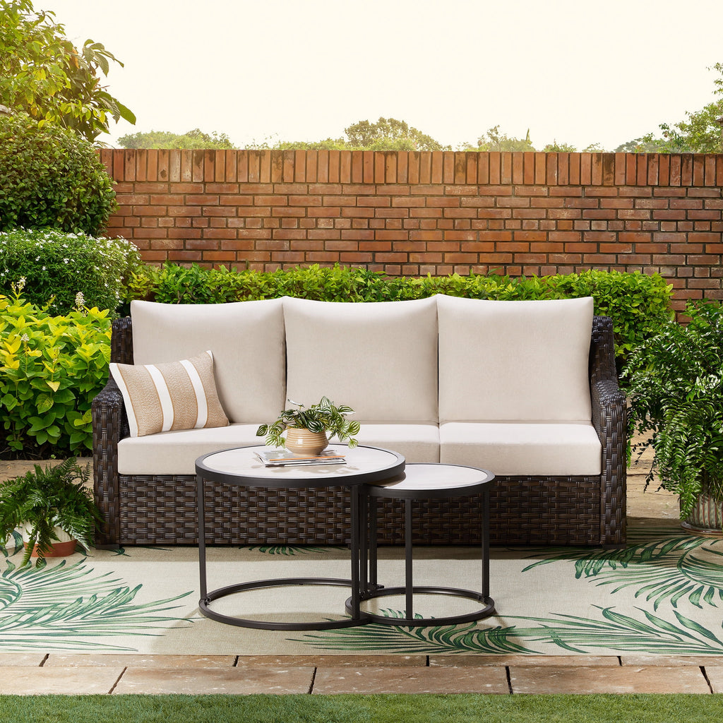  River Oaks Outdoor Sofa & 2 Nesting Tables with Patio Cover, Dark Brown