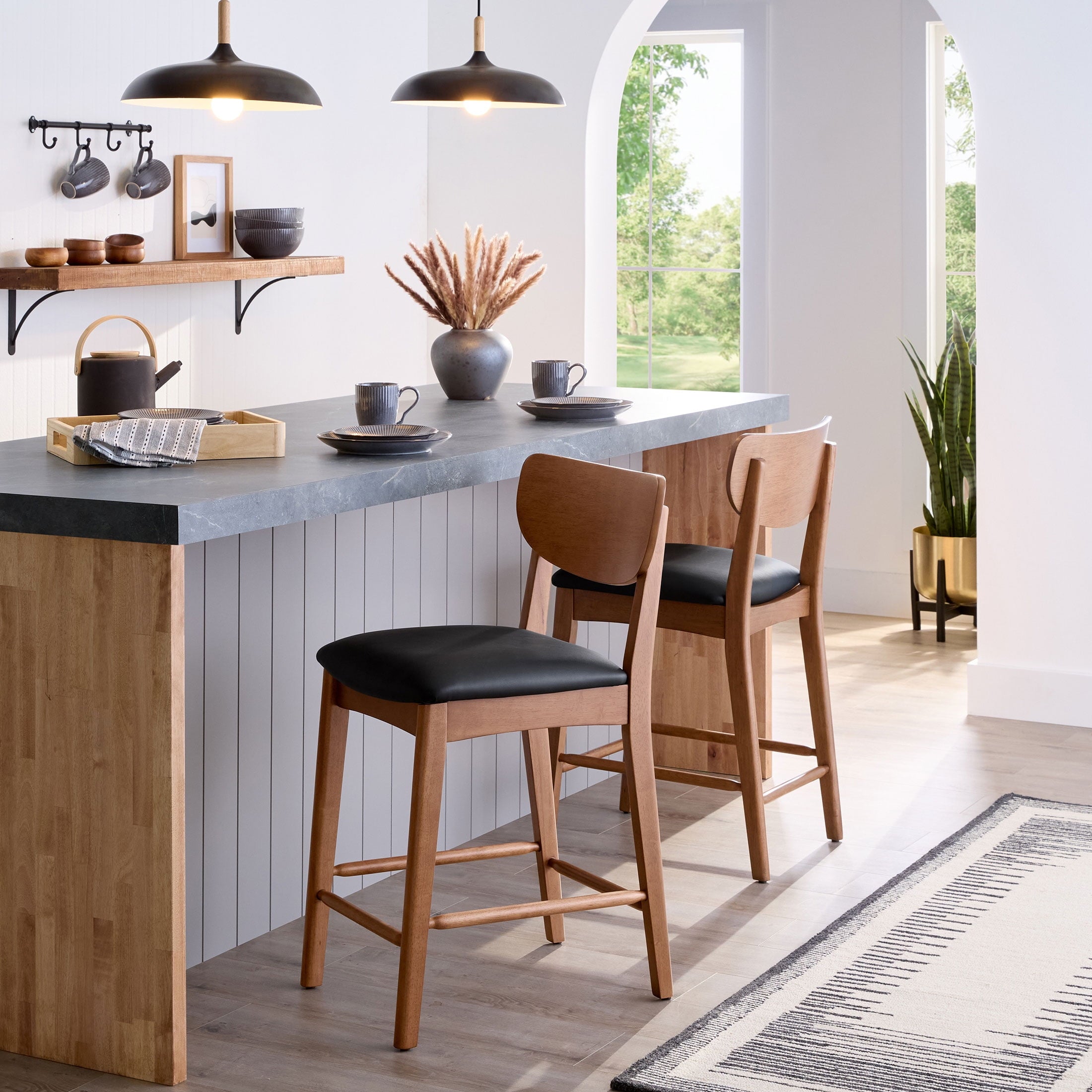  Greyson Counter Height Stools, Black Faux Leather Seat, Set of 2